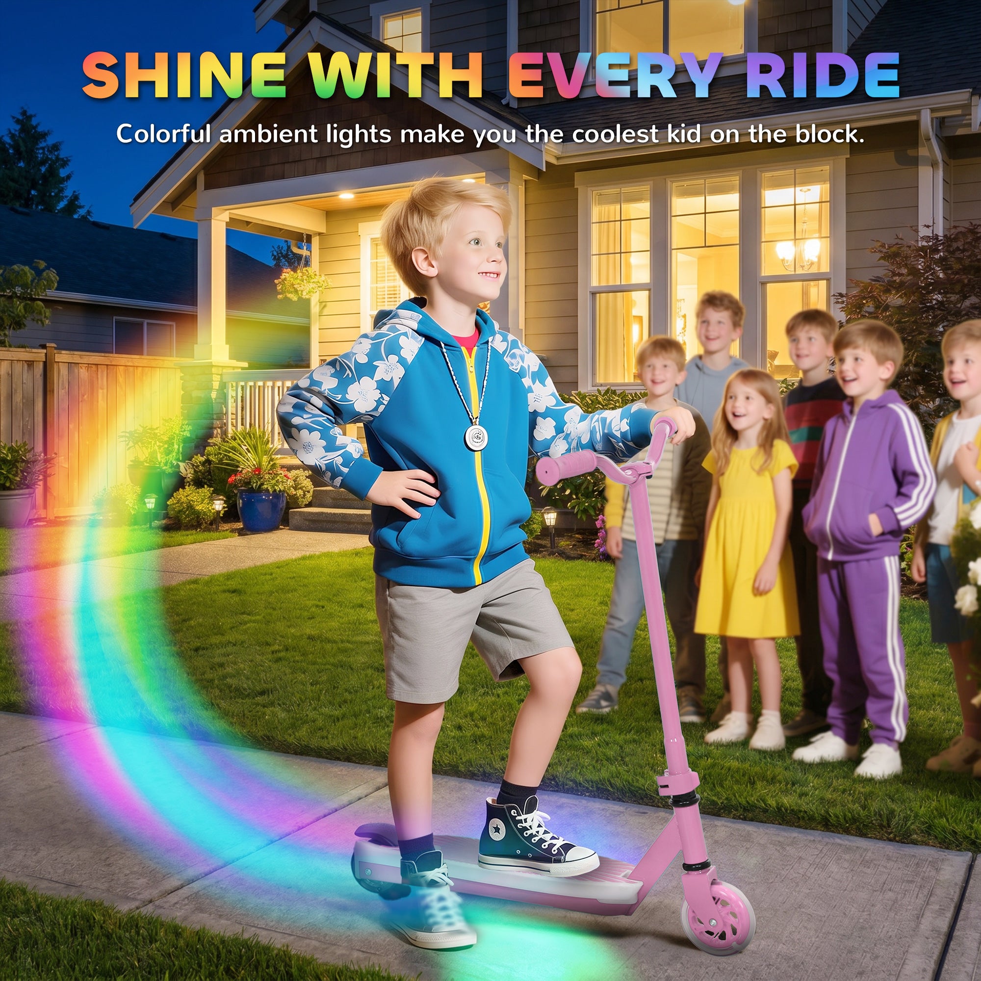 AIYAPLAY Electric Scooter for Kids Ages 4-7, with Auxiliary Rear Wheels, Flashing LED Light and Electric Brake, Kids Electric Scooter for Boys Girls, 6 KM/H & 8 KM, Pink