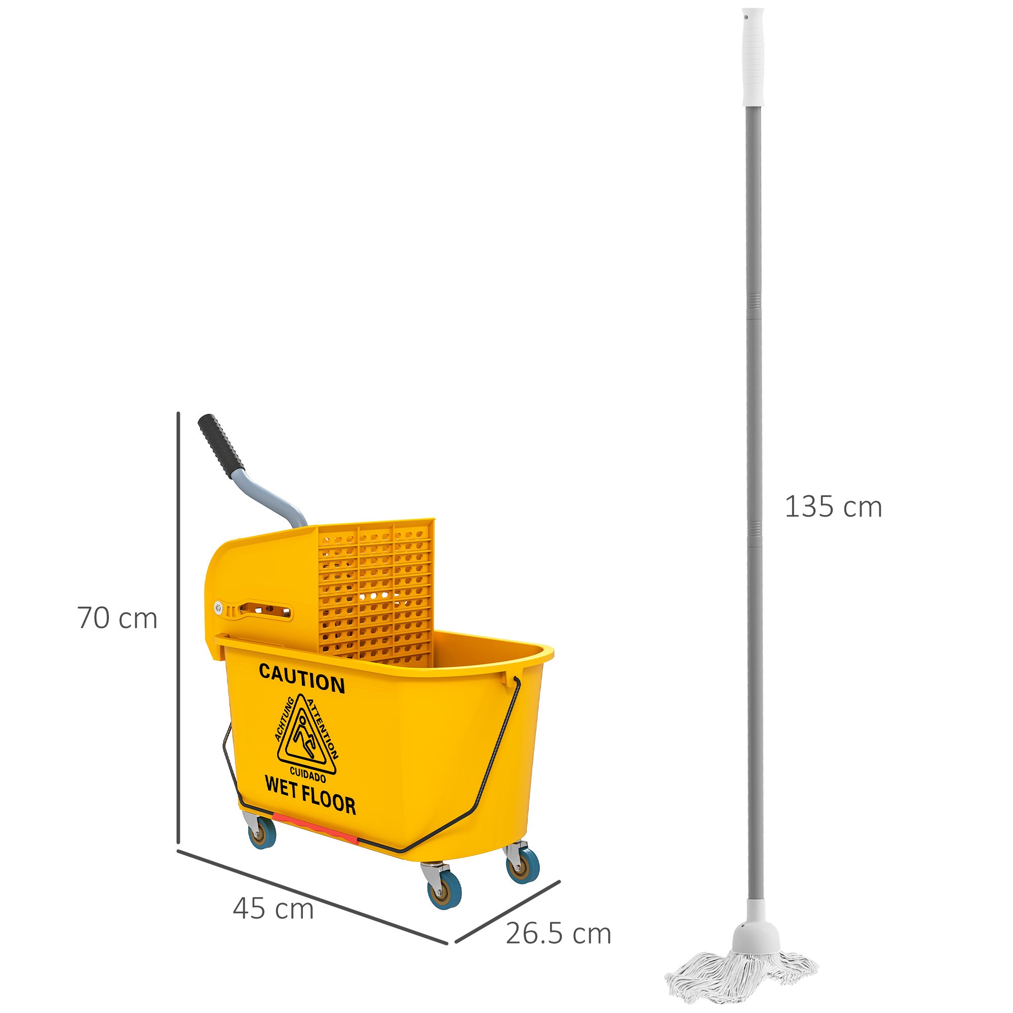 HOMCOM Mop Bucket with Wringer Set on Wheels for Floor Cleaning, 20 Litre Side Press Wringer with Handle and Mop, Yellow - North Peak Garden Furniture