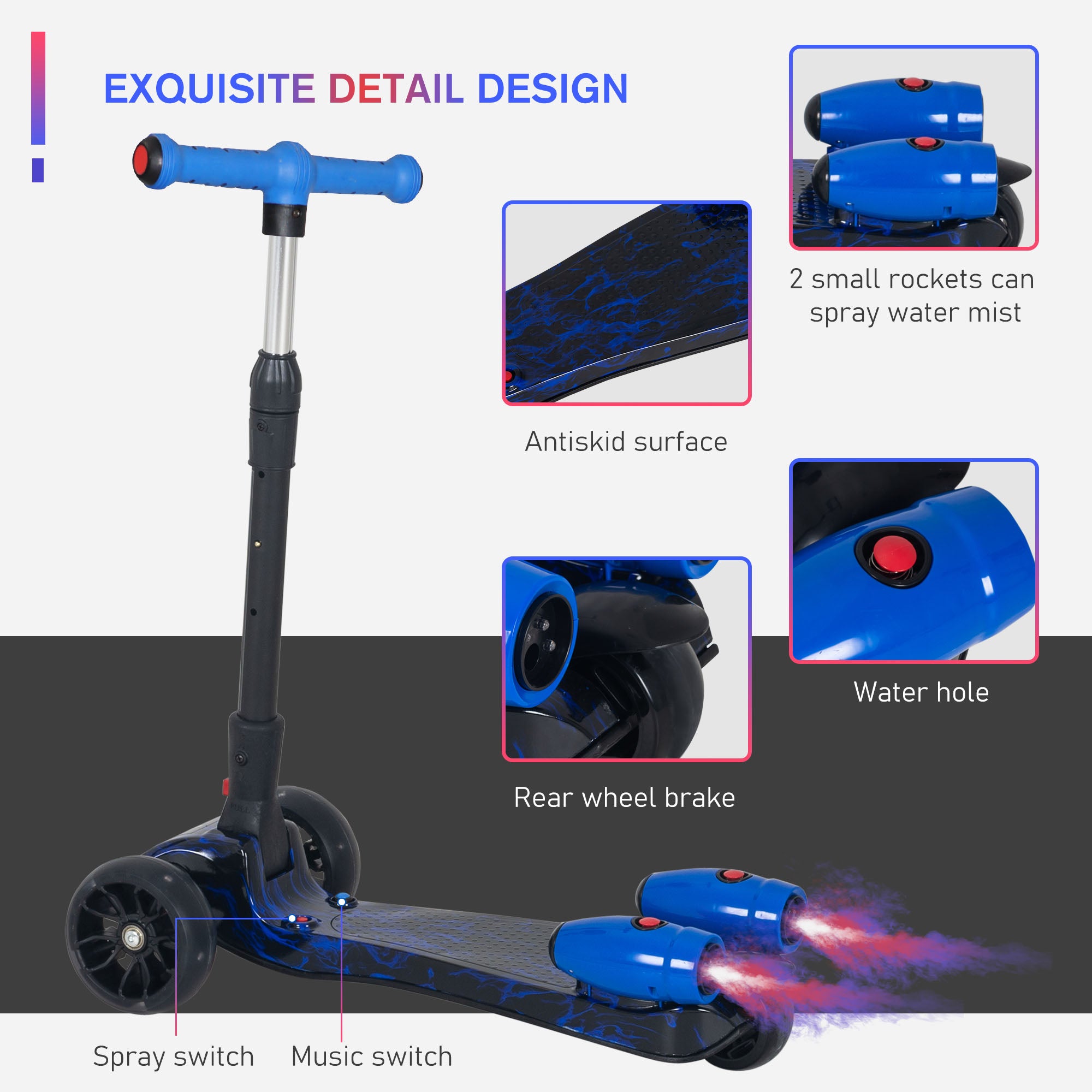 HOMCOM Scooter for Kids Toddler 3 Wheel Adjustable Height w/ Flashing Wheels Music Water Spray Foldable Kick Scooter for Boys and Girls 3 - 6 Yrs Blue - North Peak Garden Furniture