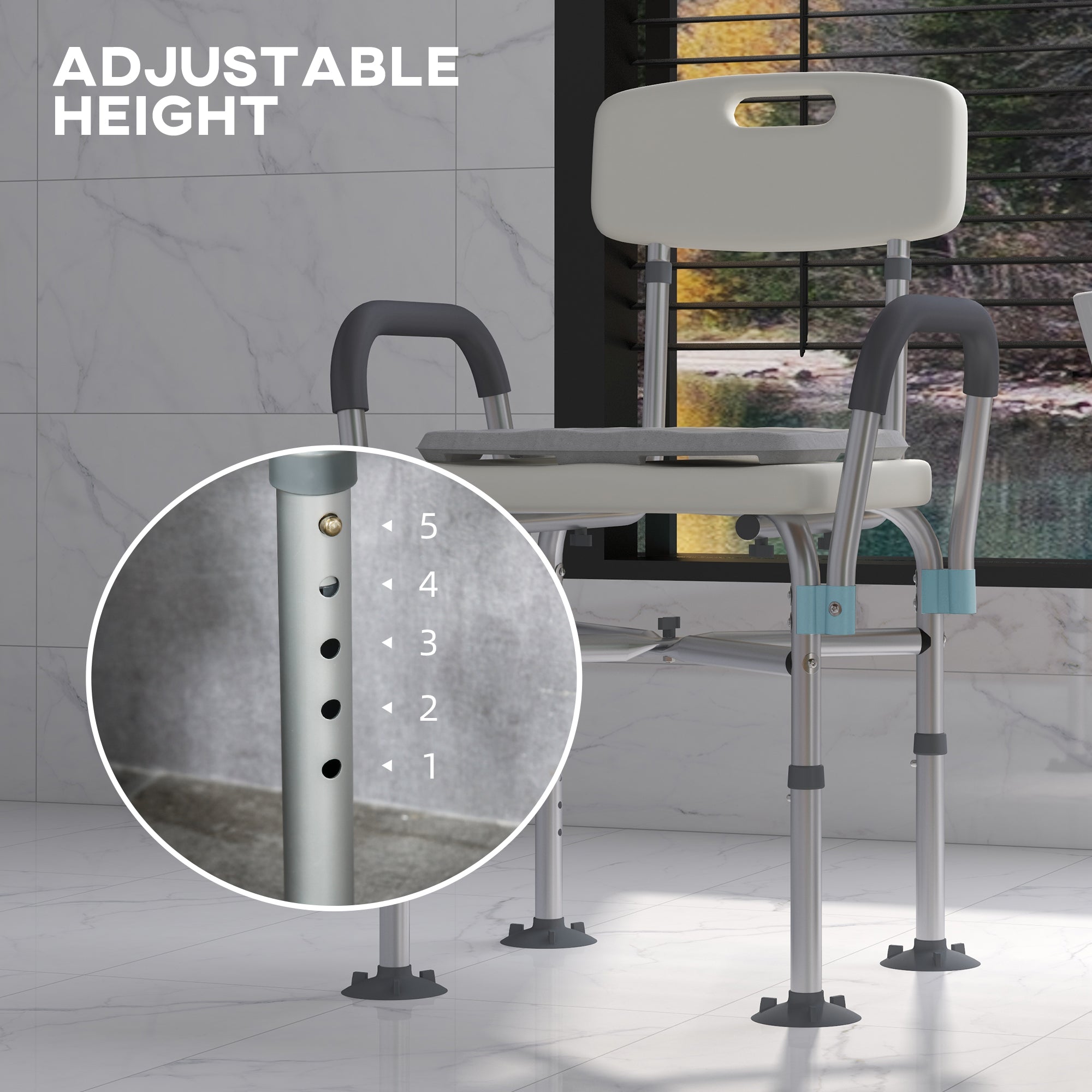 HOMCOM Aluminium Shower Chair with Backs and Arms, Height Adjustable Shower Seat with Removable Padded Cushion, Bath Stool for Seniors, Disabled, Pregnant, White - North Peak Garden Furniture