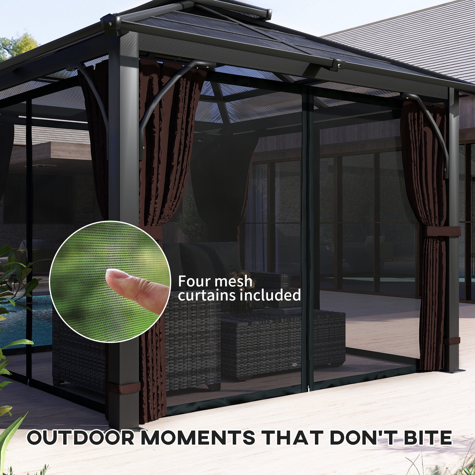 Outsunny 3 x 3(m) Hardtop Gazebo Canopy with 7mm Polycarbonate Double-Tier Roof, Garden Gazebo Permanent Pavilion with Mosquito Netting and Curtains for Patio, Deck, Brown