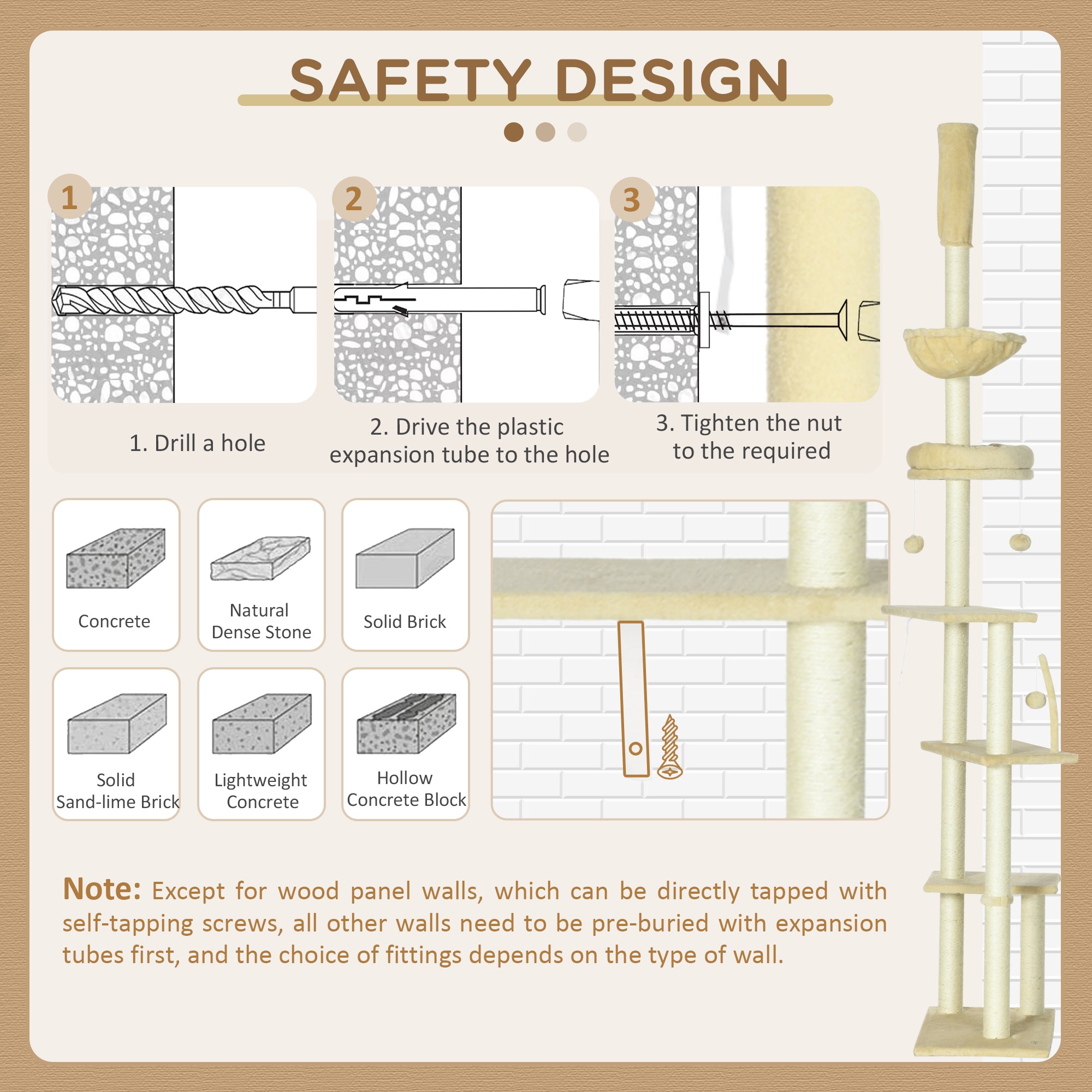 PawHut Floor to Ceiling Cat Tree for Indoor Cats, 6-Tier Play Tower Climbing Activity Center with Scratching Post, Platforms, Bed, Hammock, Adjustable Height 230-250cm, Beige