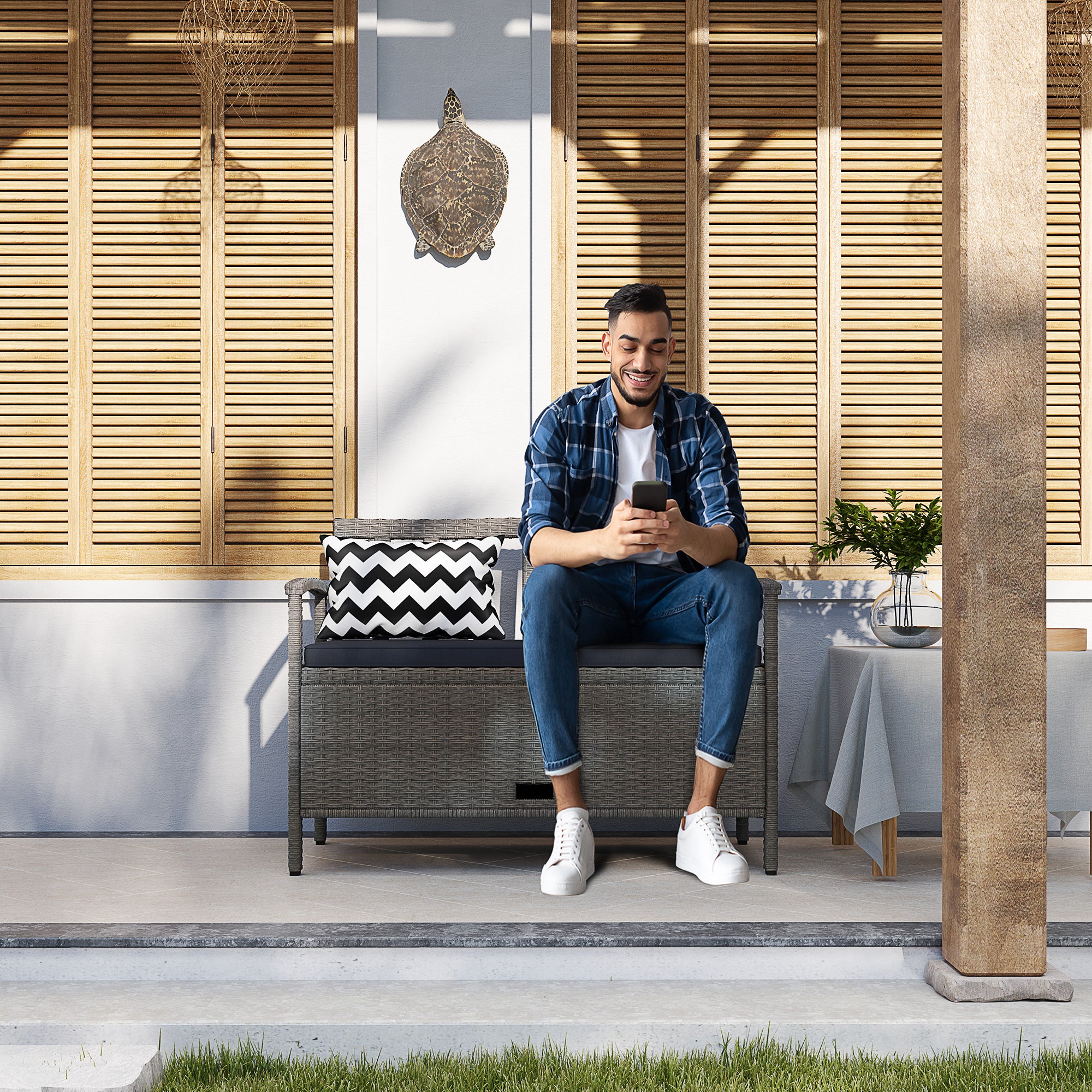 Outsunny 160L Storage Two-Seater Rattan Bench - Grey - North Peak Garden Furniture