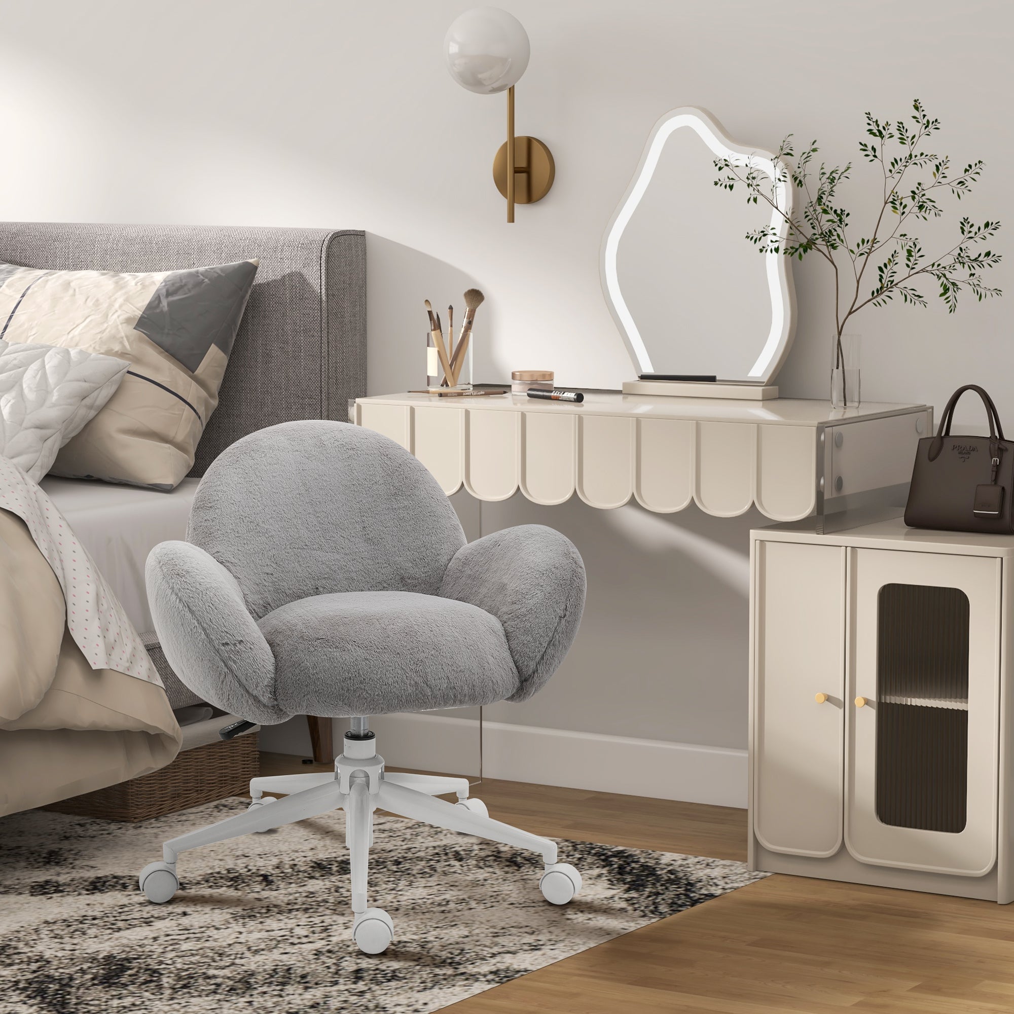 HOMCOM Makeup Vanity Chair, Cute Fluffy Desk Chair with Rolling Wheels for Bedroom Living Room, Grey - North Peak Garden Furniture