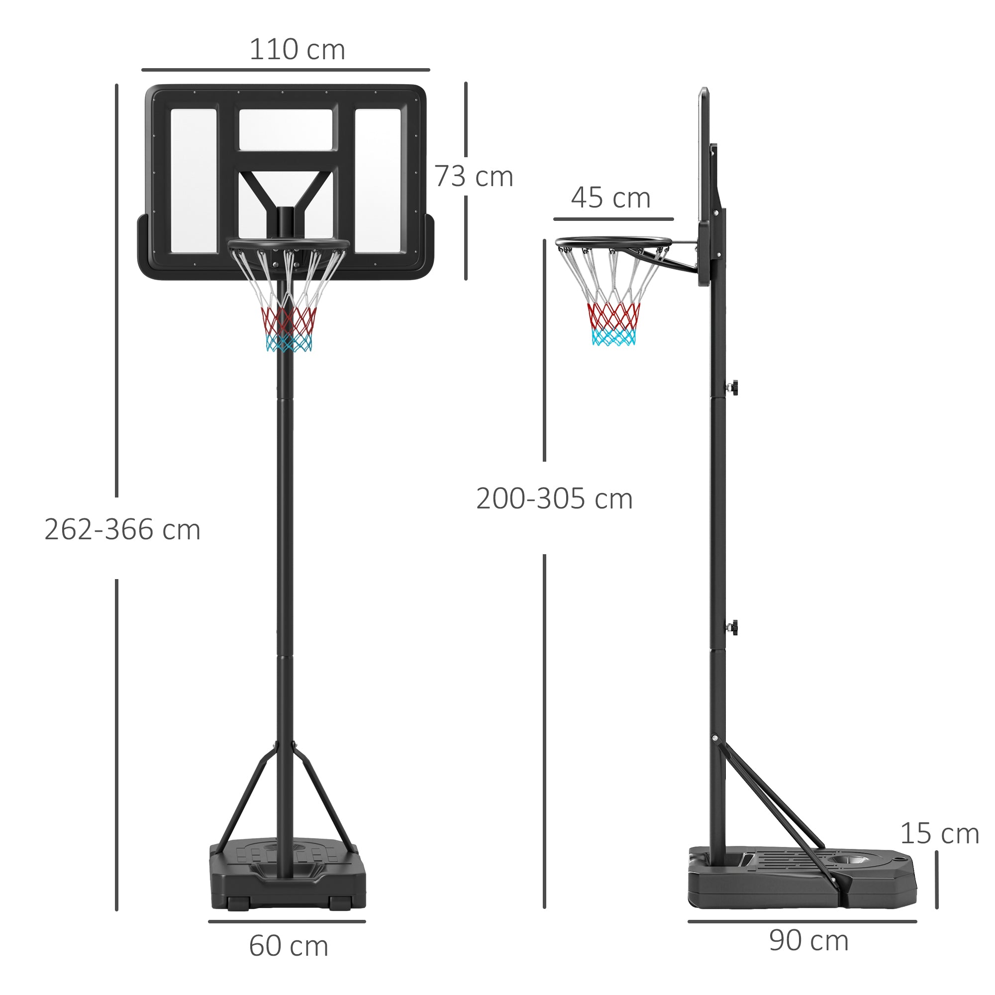 SPORTNOW Height Adjustable Basketball Stand Net Set System, Freestanding Basketball Hoop and Stand w/ Wheels, 200-305cm - Black