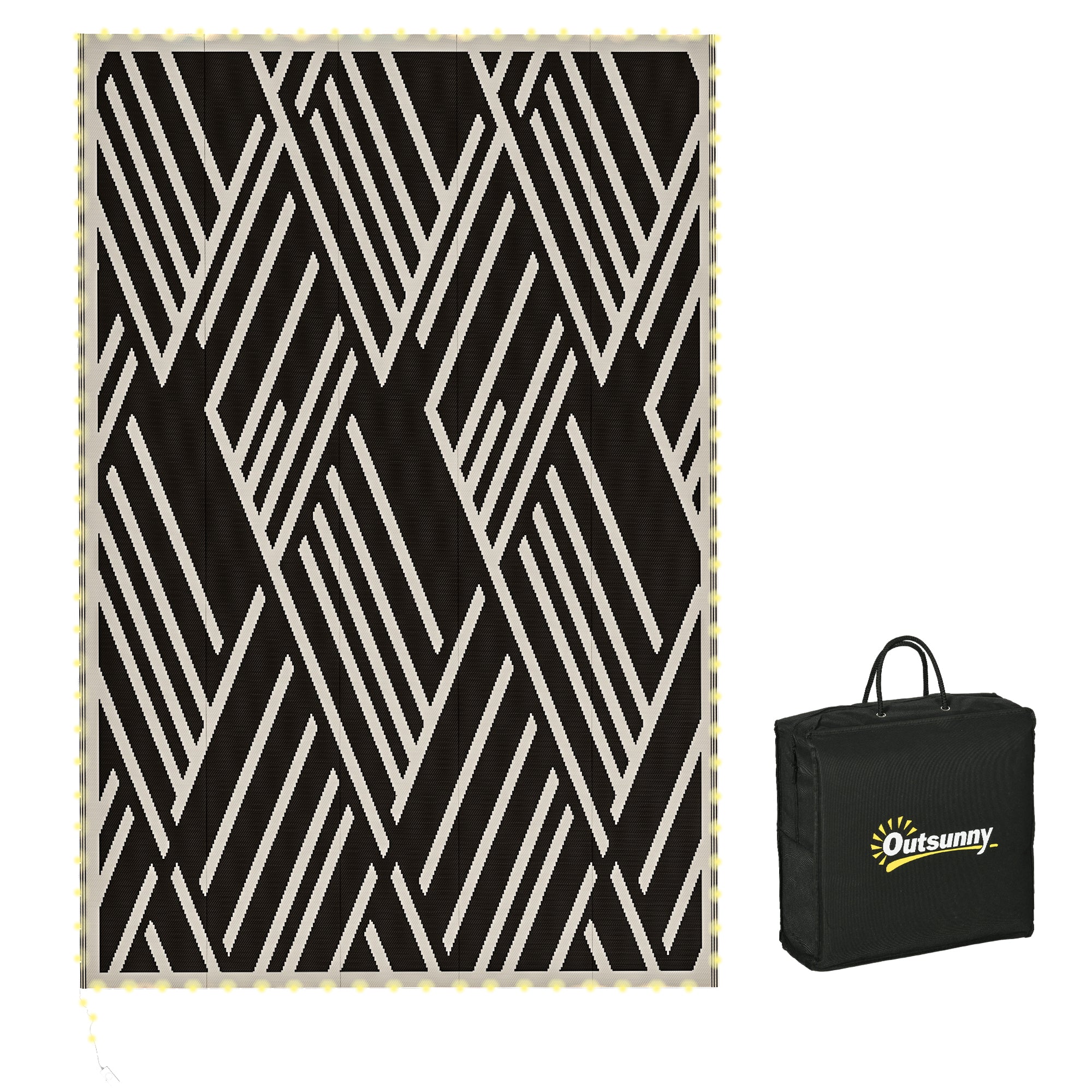 Outsunny Plastic Straw Reversible RV Outdoor Rug with LED String Light, 182 x 274cm, Black and Coffee - North Peak Garden Furniture