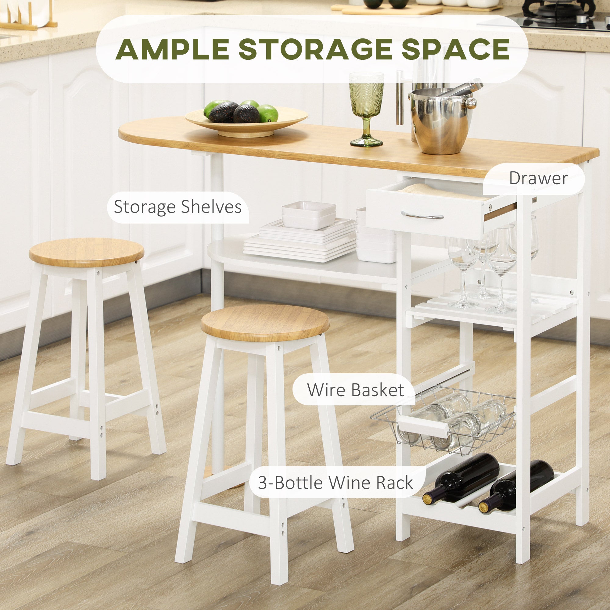 HOMCOM 3 Piece Bar Table Set, Breakfast Bar table and Stools with Storage Shelf, Drawer, Wire Basket and Wine Rack for Kitchen, Home Bar, Natural and White - North Peak Garden Furniture