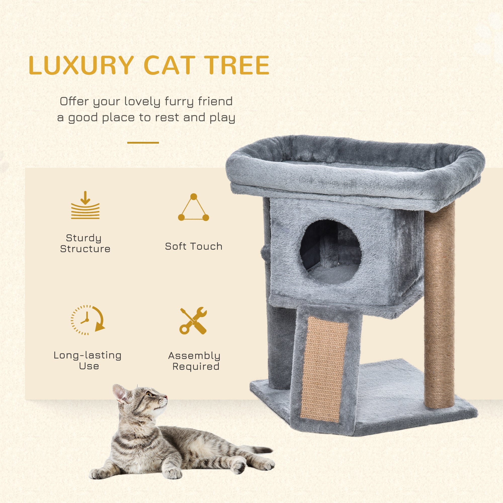 PawHut Cat Tree Tower for Indoor Cats Cat Scratching Post Climbing Activity Centre w/Jute Scratching Pad, Toy Ball, Cat House - Grey - North Peak Garden Furniture