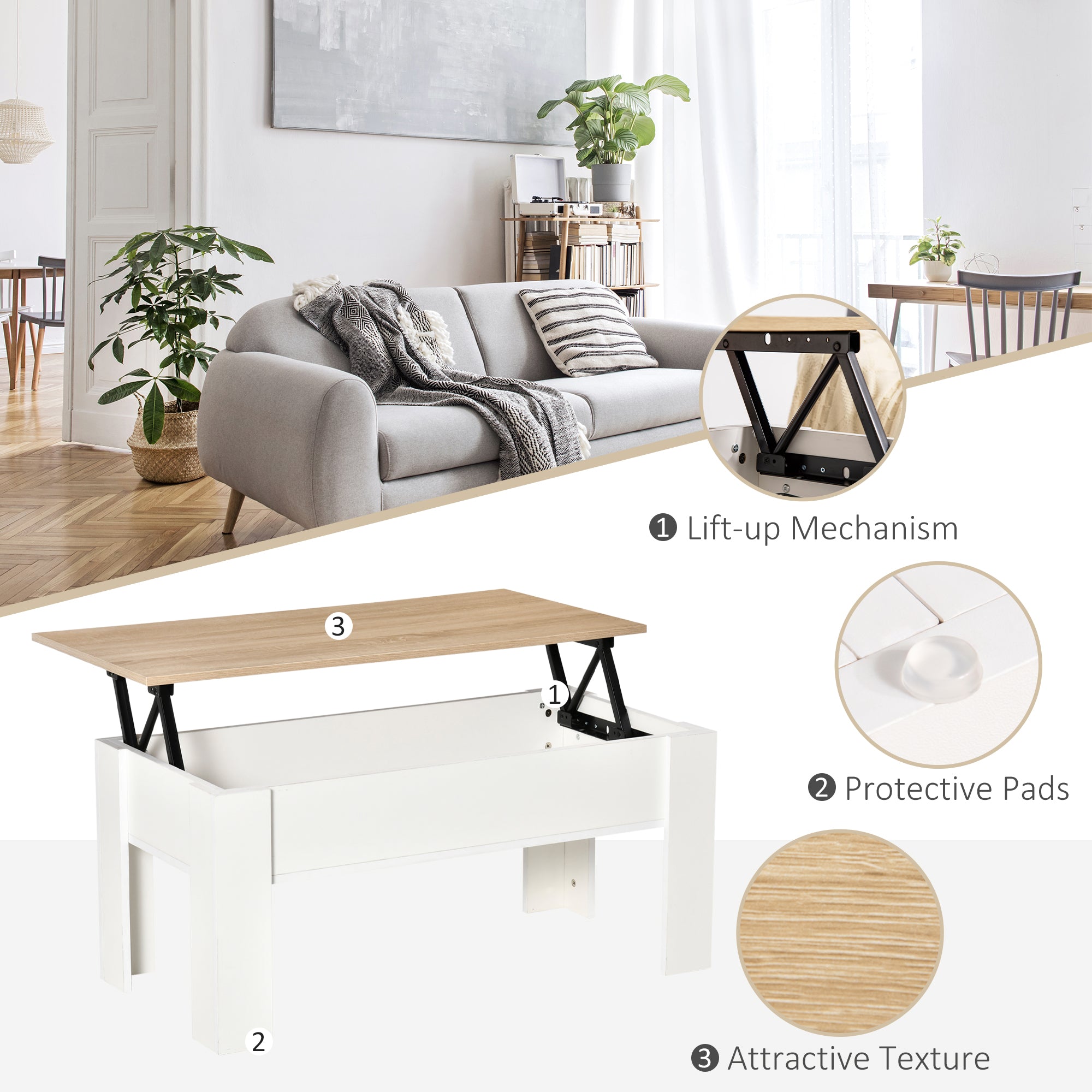 HOMCOM Lift Top Coffee Table with Hidden Storage Compartment, Lift Tabletop Pop-Up Center Table for Living Room - North Peak Garden Furniture