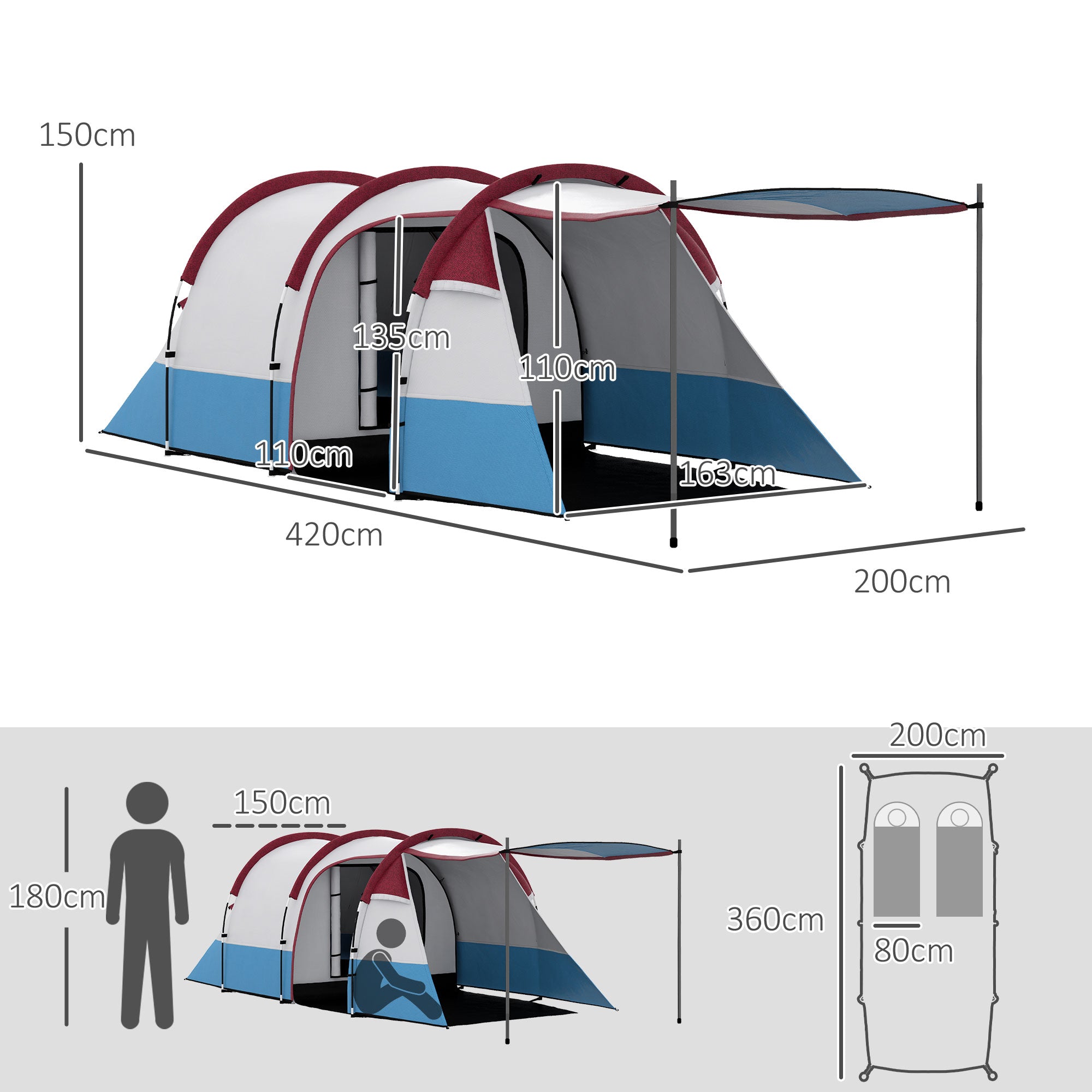 Outsunny Camping Tent, Large Tunnel Tent with Bedroom and Living Area, 2000mm Waterproof, Portable with Bag for 2-3 Man, Red - North Peak Garden Furniture