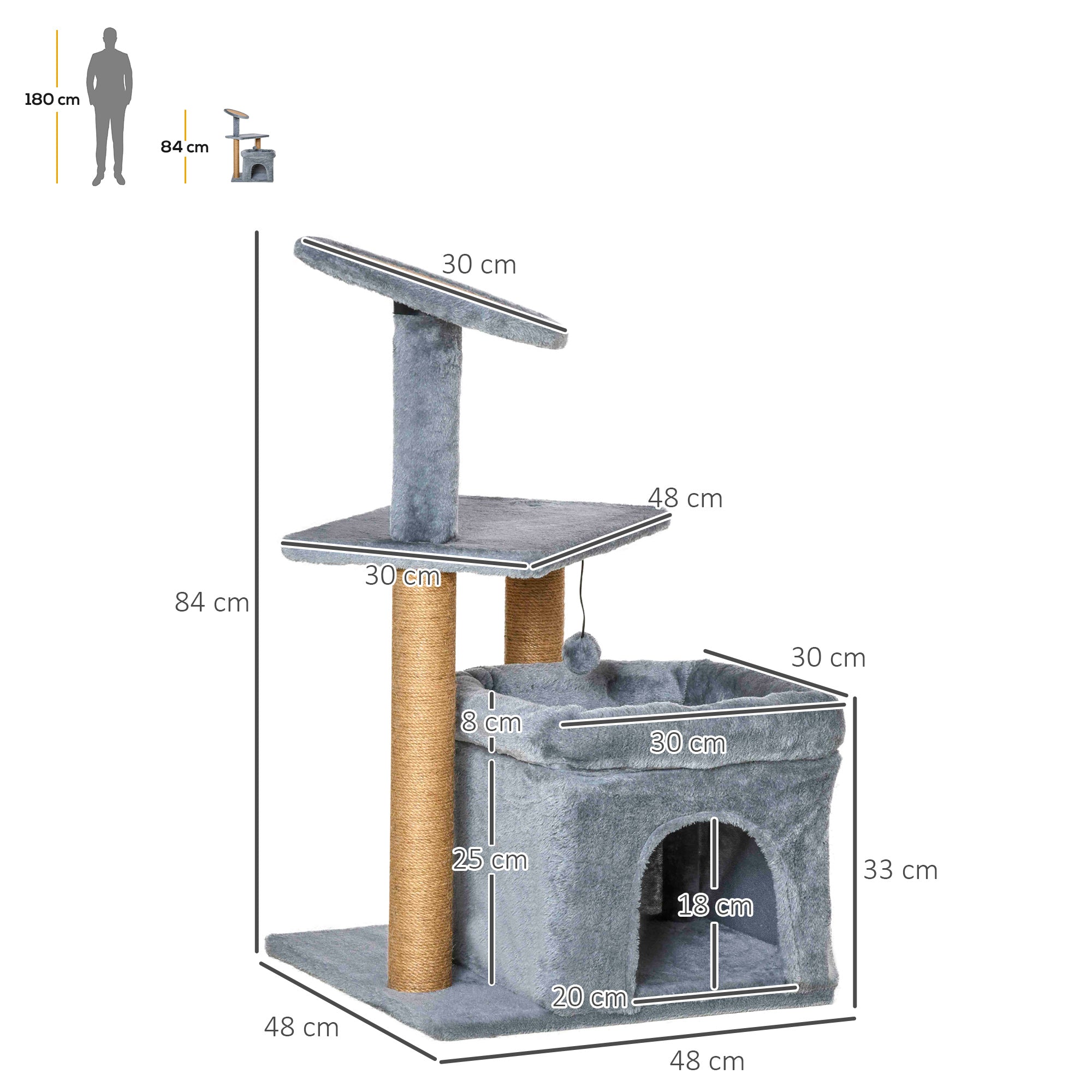 PawHut Cat Tree Tower for Indoor Cats, Cat Scratching Post with Bed, Cat House, Scratching Pad, Perch, Interactive Ball Toy 48 x 48 x 84cm, Grey