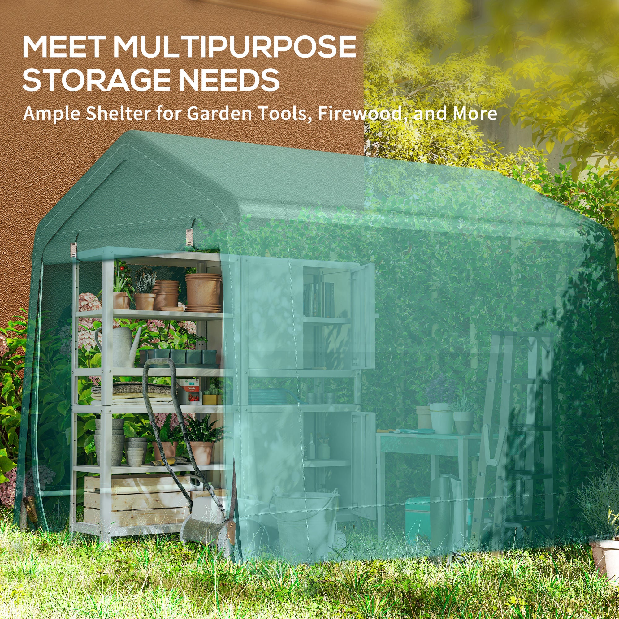 Outsunny 8 x 6.5 ft Outdoor Garden Storage Shed, Waterproof Bike Tent with Double Roll-up Zipper Door for Garden Tools, Green