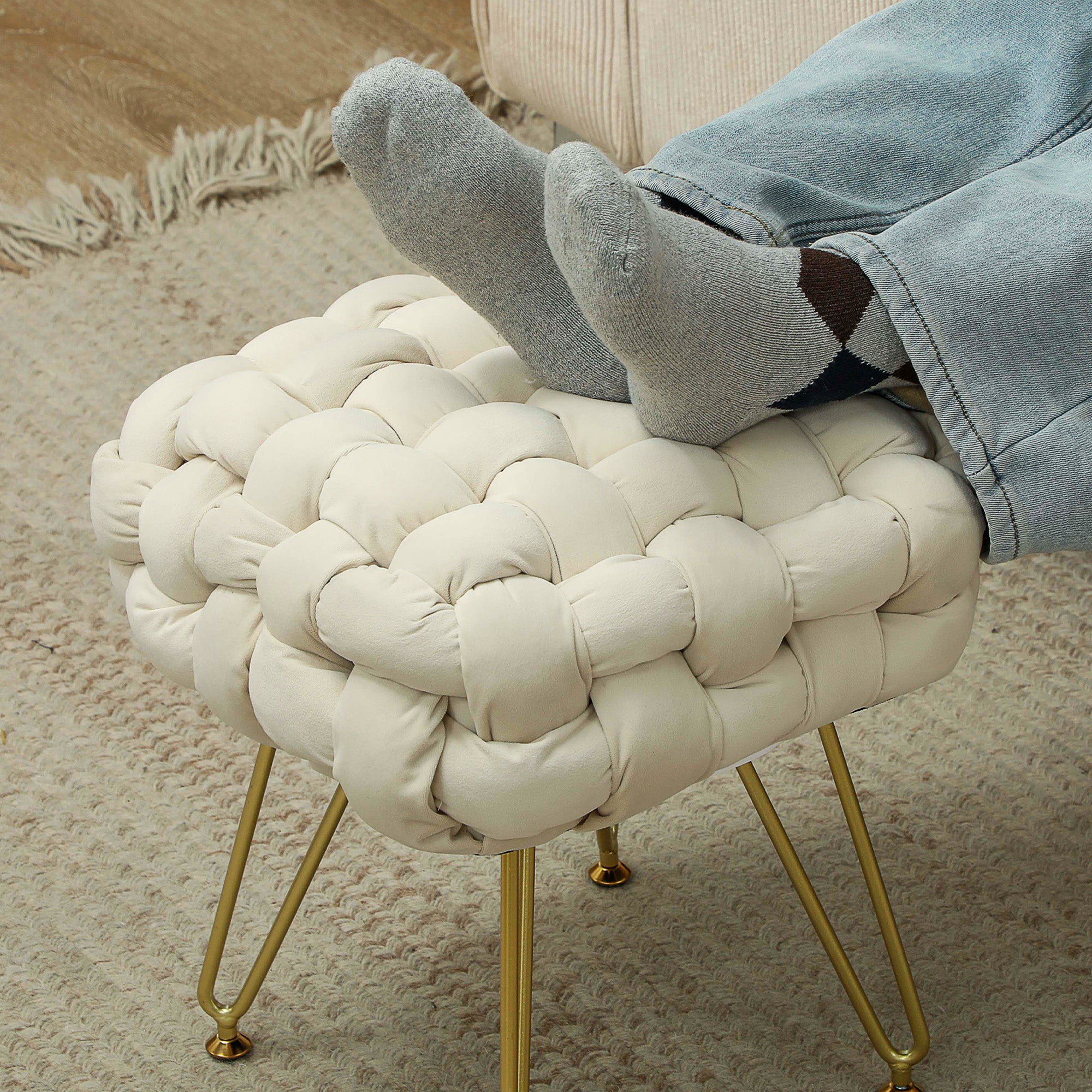 HOMCOM Velvet-Feel Bold Woven Footstool - Cream White - North Peak Garden Furniture