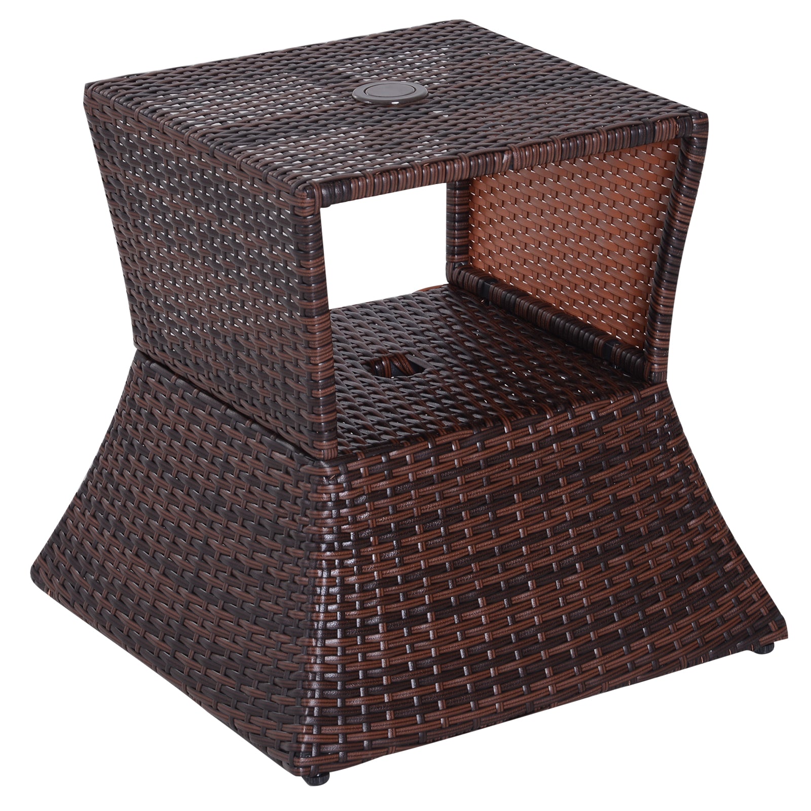 Outsunny Outdoor Patio Rattan Wicker Coffee Table Bistro Side Table w/ Umbrella Hole and Storage Space, Brown - North Peak Garden Furniture
