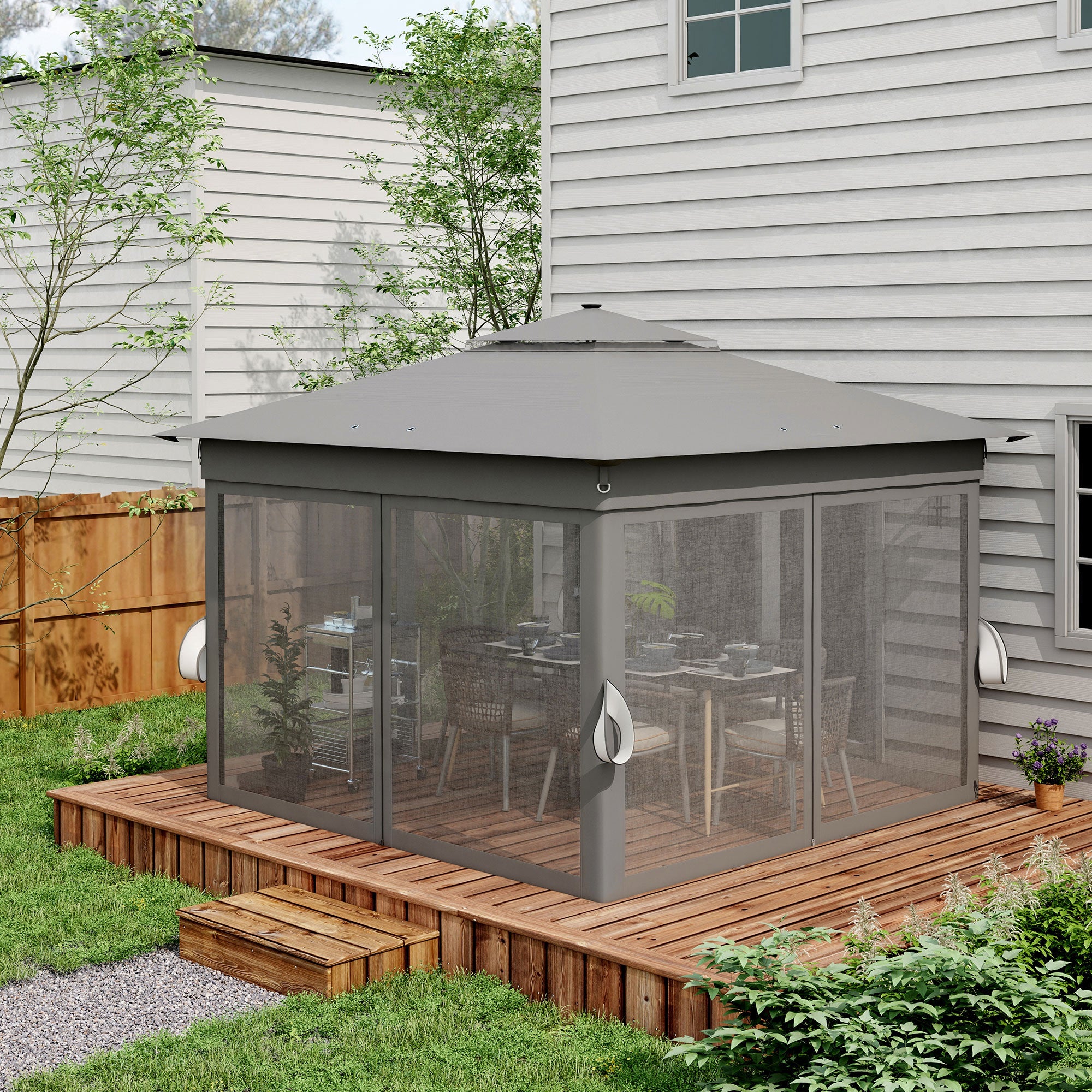 Outsunny 3 x 3(m) Pop Up Gazebo Party Tent with Solar-Powered LED Lights, Adjustable Event Shelter with Netting, Grey - North Peak Garden Furniture