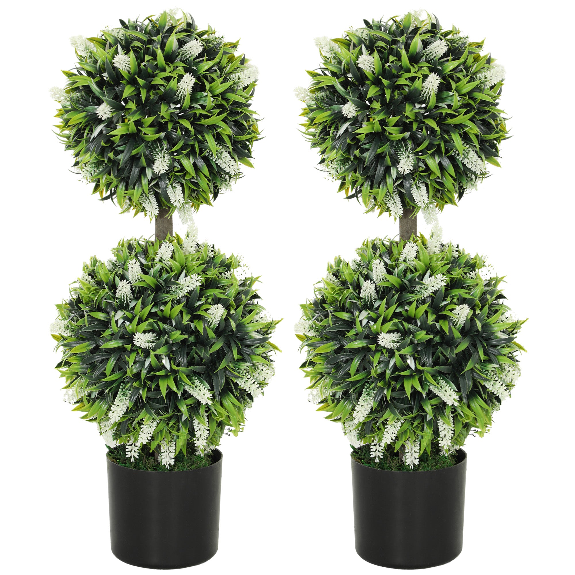 HOMCOM Set of 2 Decorative Artificial Plants Ball Trees with Lavender Flowers in Pot Fake Plants for Home Indoor Outdoor Decor, 70cm, White