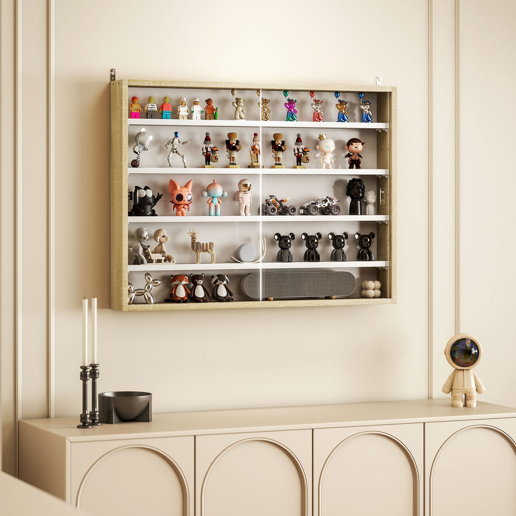HOMCOM 5-Tier Wall Display Shelf Unit Cabinet w/ 4 Adjustable Shelves Glass Doors Home Office Ornaments 60x80cm Natural
