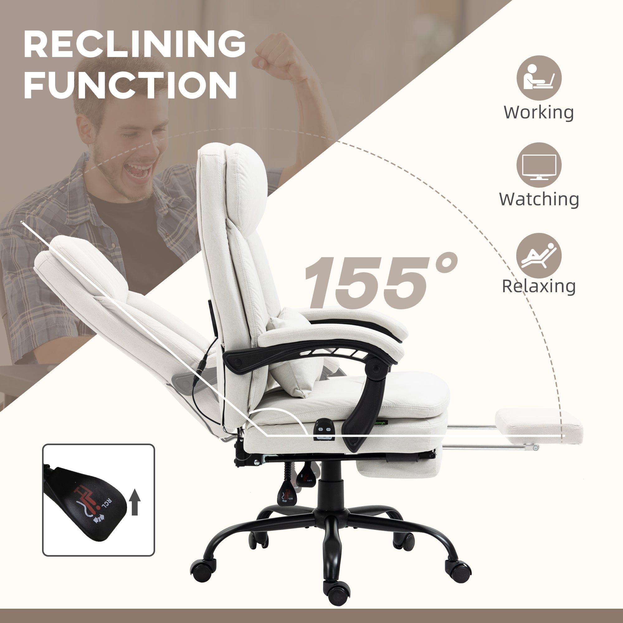 Vinsetto Office Chair, Ergonomic Desk Chair with 6-Point Vibration Massage and Lumbar Heating, Computer Chair with Lumbar Support Pillow, 155° Reclining Back and Footrest, Cream White - North Peak Garden Furniture