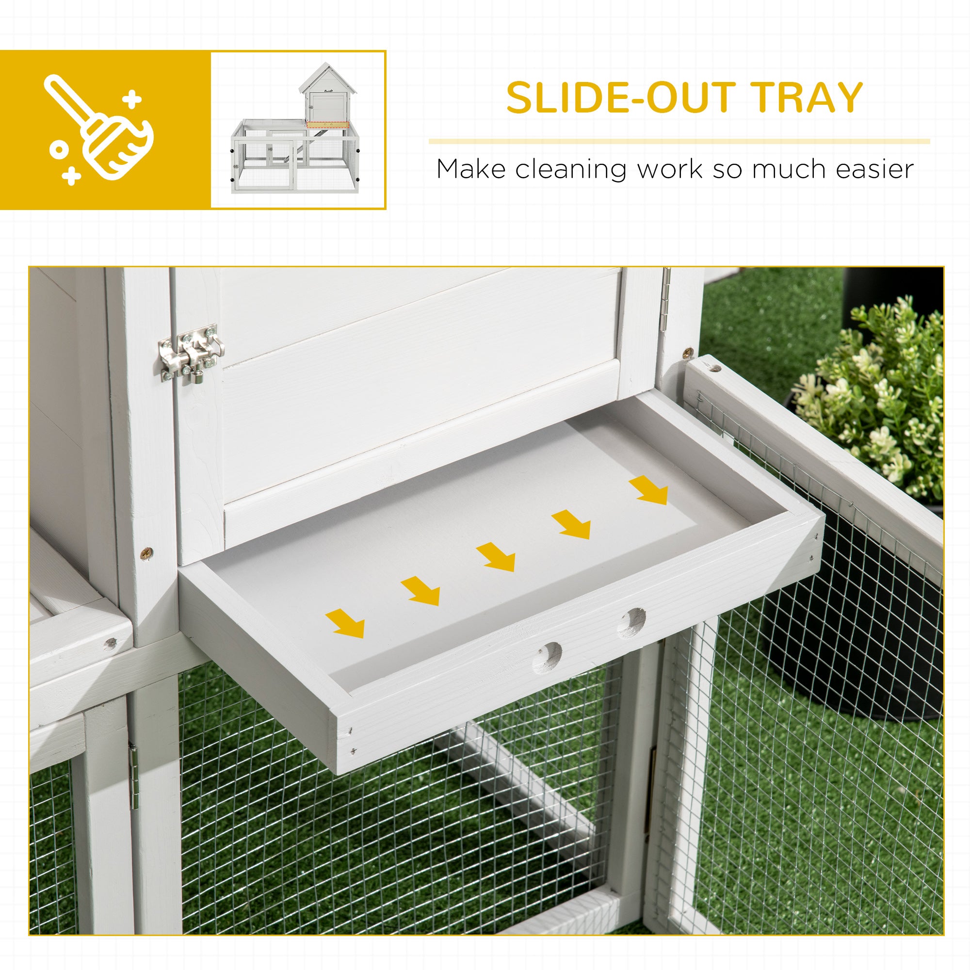 PawHut Indoor Rabbit Hutch, Guinea Pig Cage, with Slide-Out Tray, Large Fenced Area - Light Grey - North Peak Garden Furniture