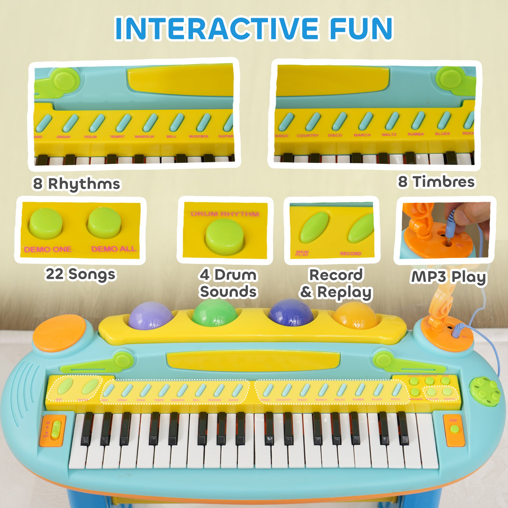 AIYAPLAY 37 Keys Kids Piano w/ Microphone, Stool, LED Lights, Record & Replay Function, Blue - North Peak Garden Furniture