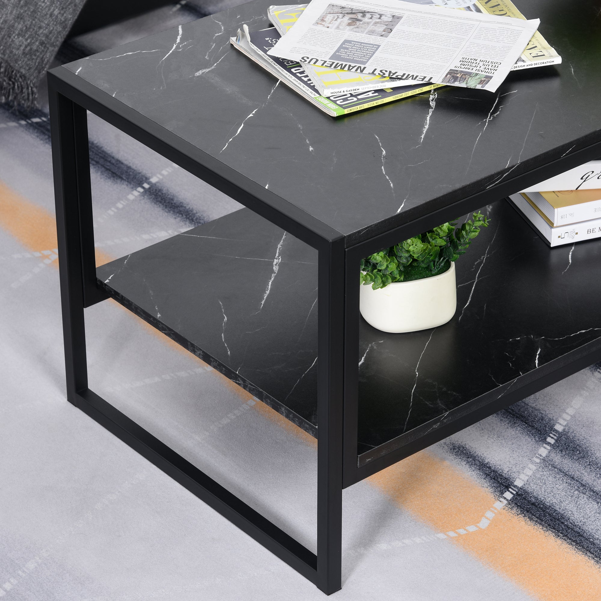 HOMCOM Coffee Table, Two-Tier Marble Centre Table with Metal Frame and Storage Shelf for Living Room, 106 x 50 x 45cm, Black - North Peak Garden Furniture