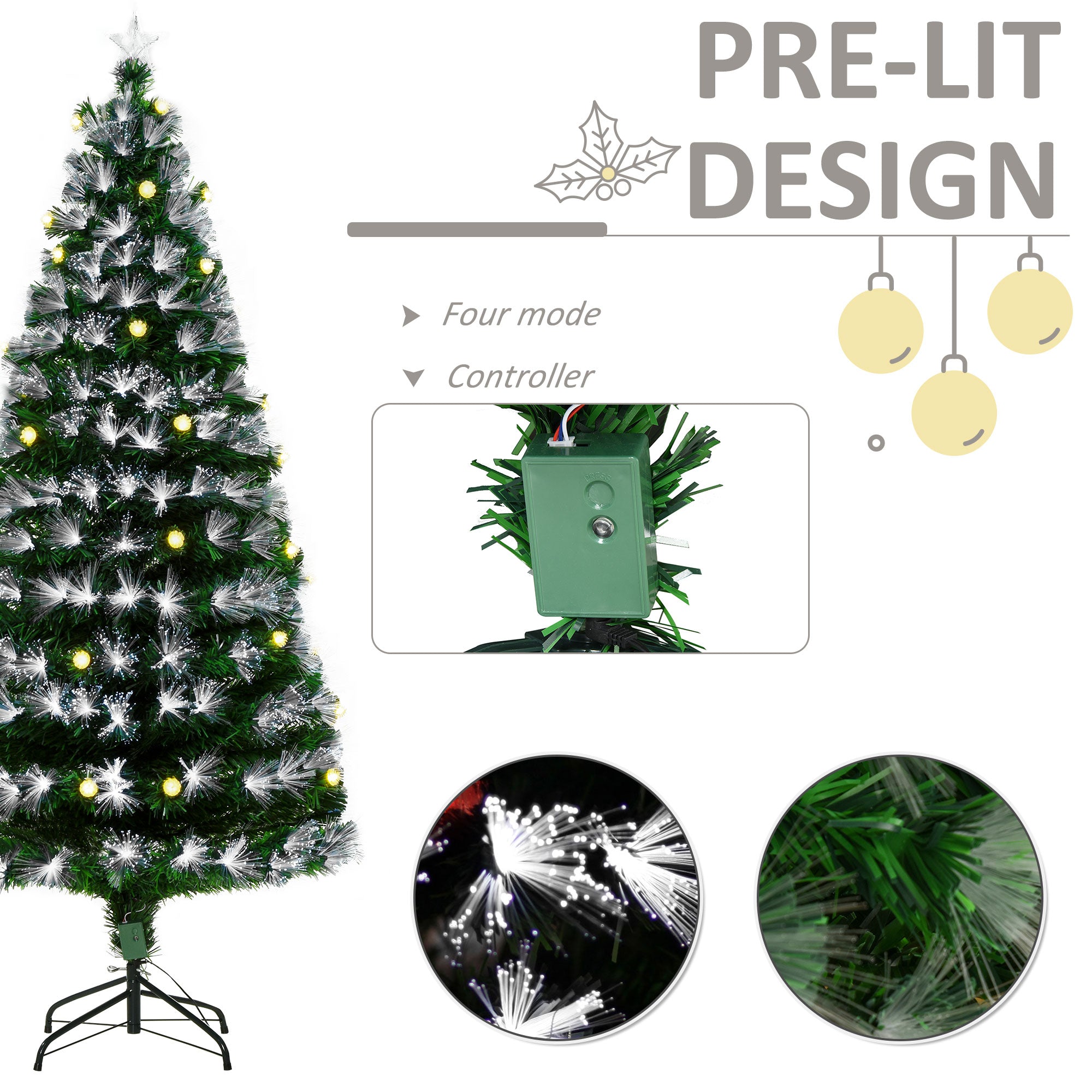 HOMCOM 6ft White Light Artificial Christmas Tree w/ 230 LEDs Star Topper Tri-Base Full Bodied Seasonal Decoration Pre-Lit Home - North Peak Garden Furniture