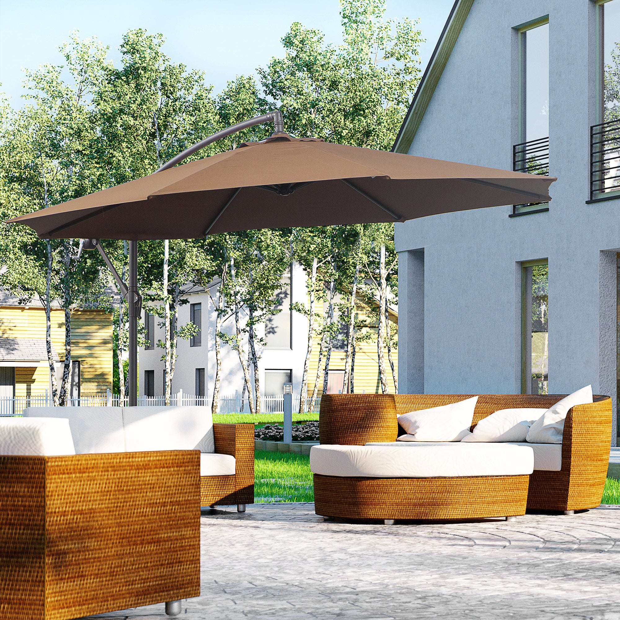 Outsunny 2.45m Overhanging Cantilever Parasol, with Cross Base - Brown - North Peak Garden Furniture