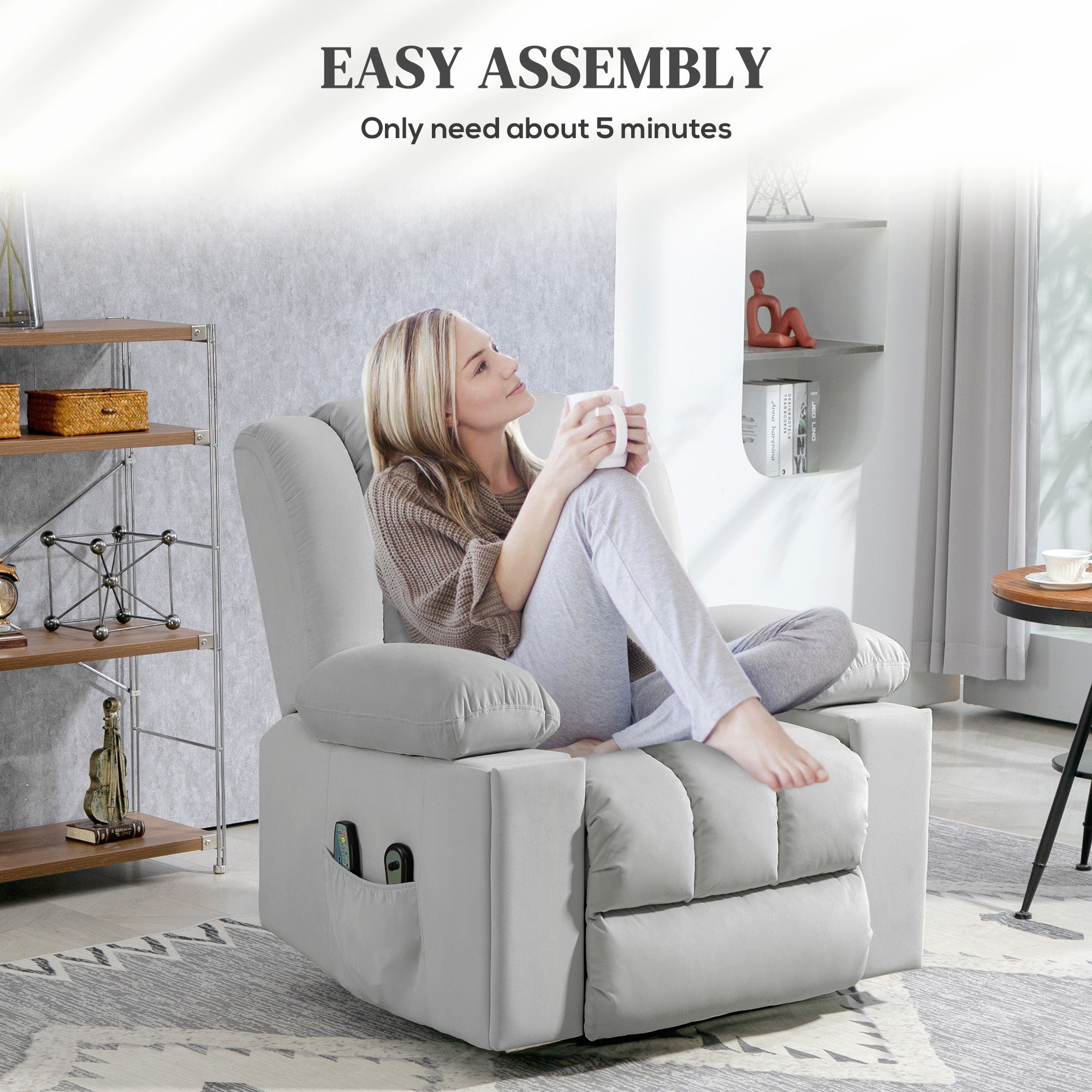 HOMCOM Power Lift Recliner Chair with Vibration Massage and Heat, Electric Lift Chair for Elderly, Overstuffed Fabric Riser and Reclining Armchair with USB Ports, Cup Holders, Light Grey - North Peak Garden Furniture