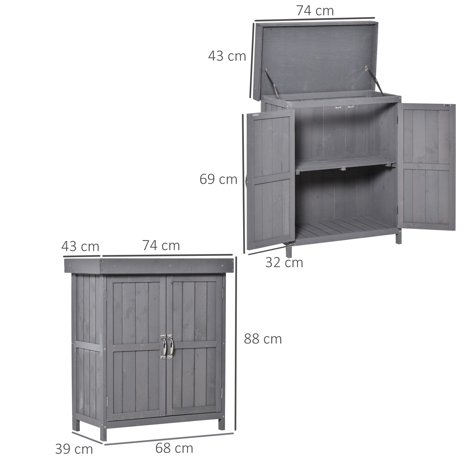 Outsunny Wooden Garden Storage Shed with Hinged Roof and Shelves, Outdoor Storage Cabinet Chest, Double Doors, 74 x 43 x 88cm, Grey