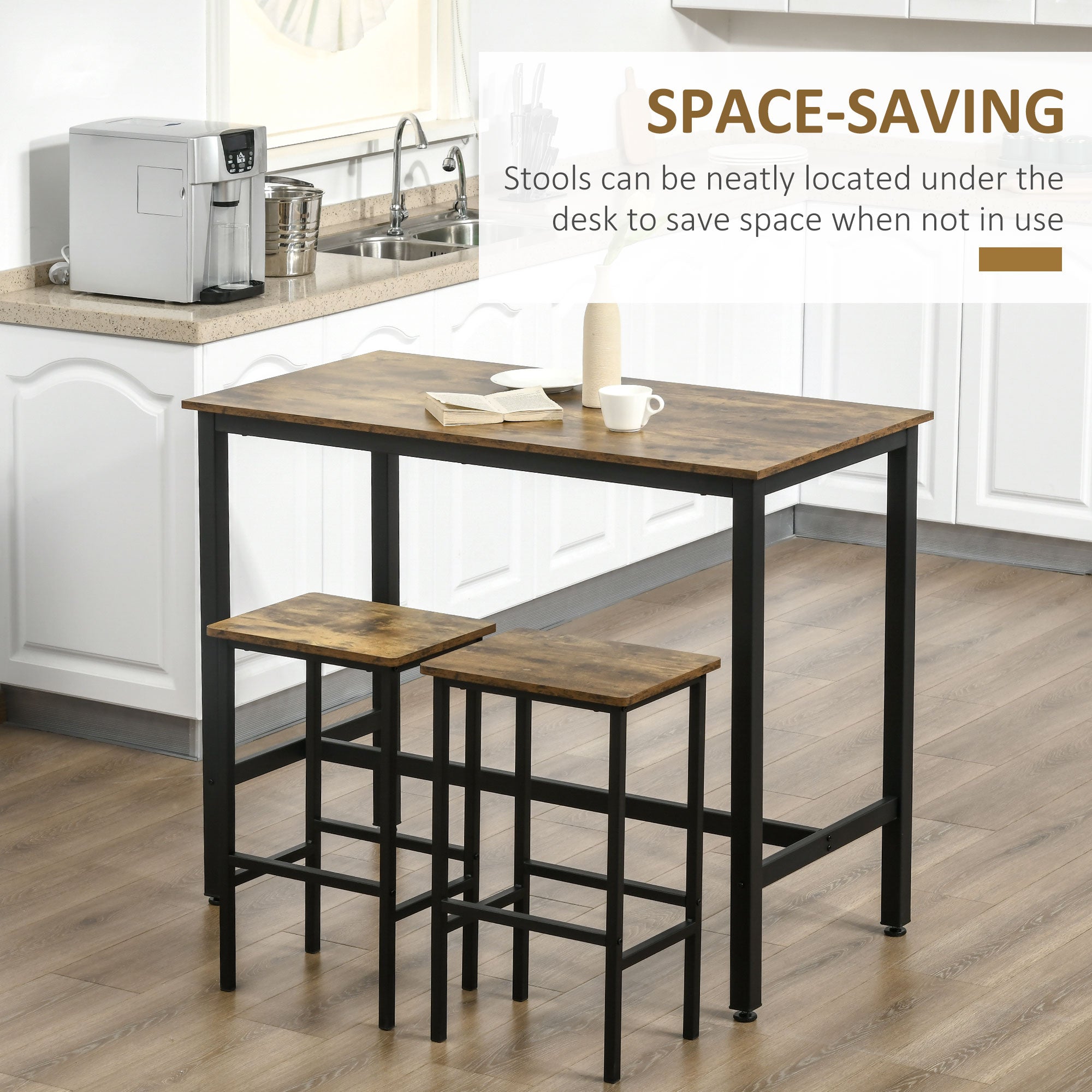 HOMCOM Industrial Bar Table Set, Breakfast Table with 2 Stools, 3-Piece Counter Height Dining Table & Chairs for Kitchen, Living Room, Rustic Brown - North Peak Garden Furniture