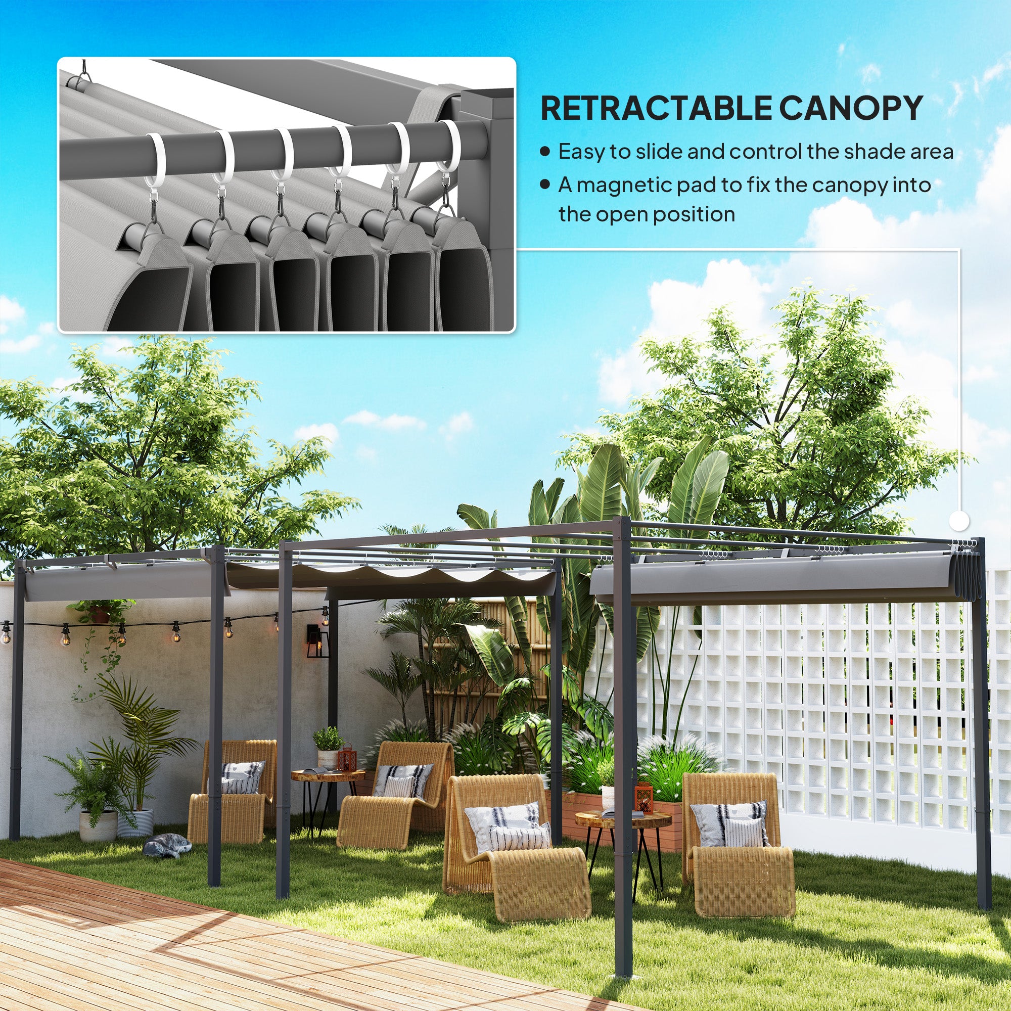 Outsunny 3 x 3(m) Garden Pergola with Retractable Roof and Magnetic Fixture, Outdoor Pergola Kit Sun Shade Canopy, UPF30+, Grey - North Peak Garden Furniture
