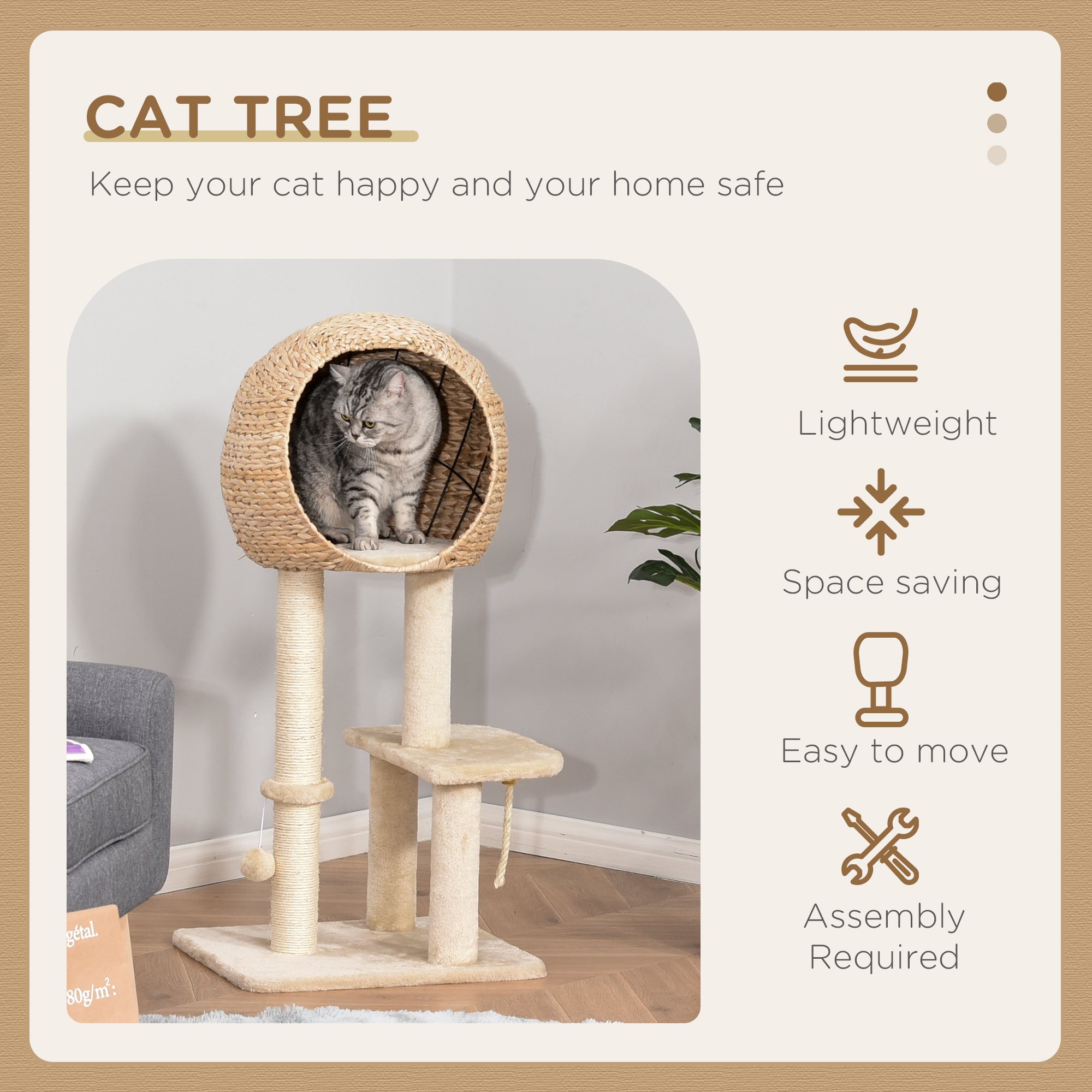 PawHut Cat Tree for Indoor Cats 100cm Kitten Climbing Tower Activity Center with Sisal Scratching Post Condo Perch Hanging Balls Teasing Rope Toy Cushion