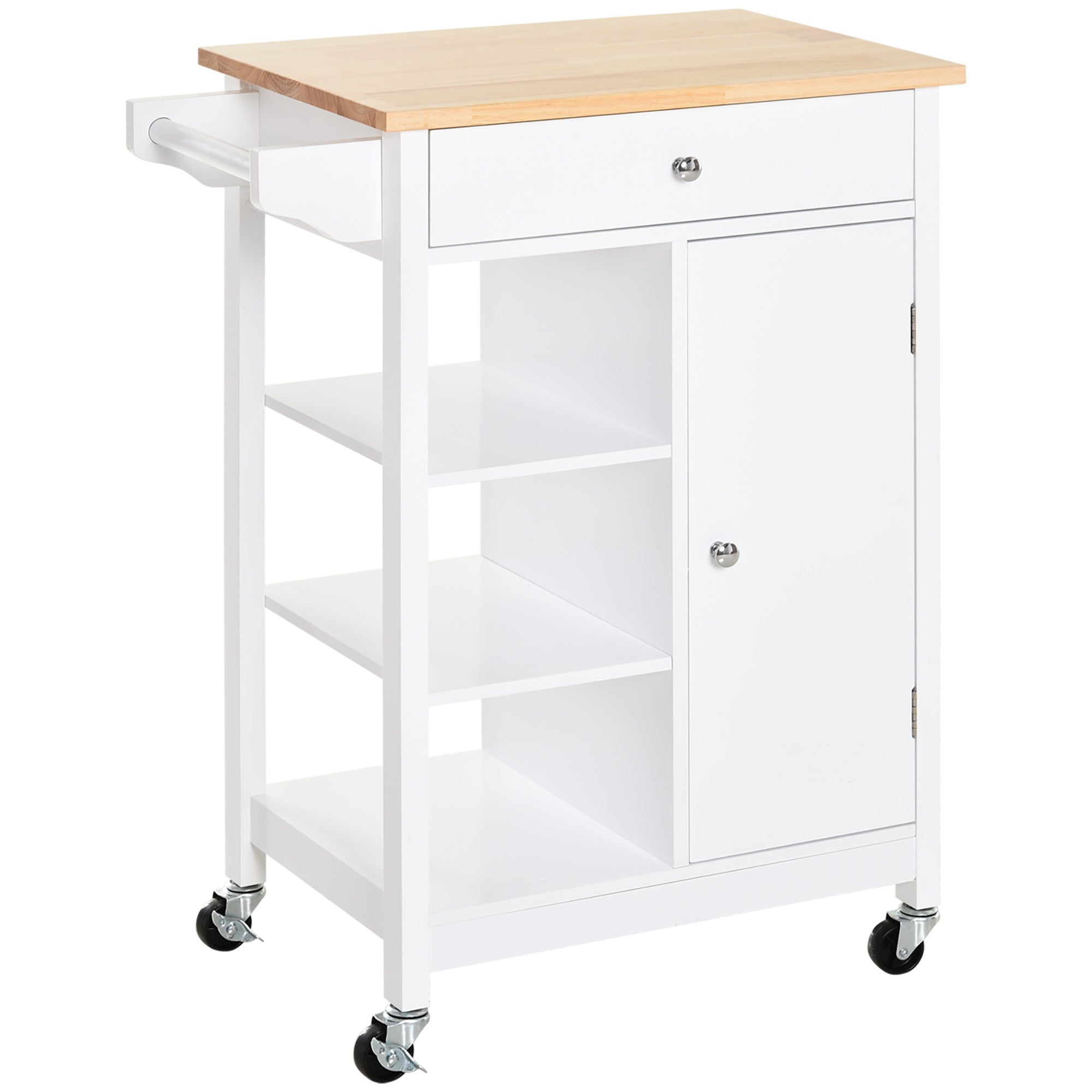 HOMCOM Kitchen Trolley, Kitchen Island on Wheels, w/ Wood Top, 3 Shelves and Storage Cupboard, White - North Peak Garden Furniture