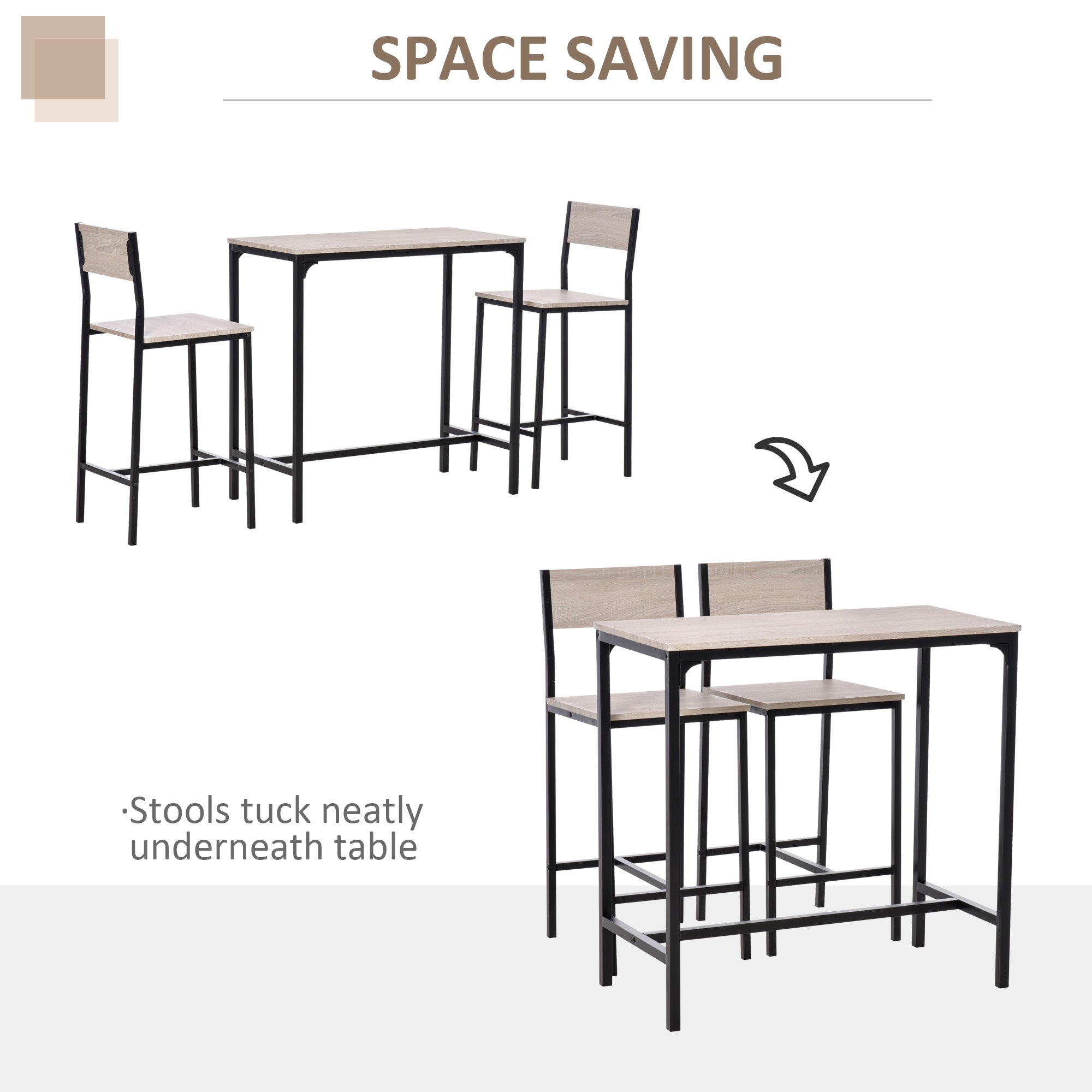 HOMCOM 3 Pcs Table Stool Set Industrial Design w/ Metal Frame Oak Tone MDF Panels Minimal Compact Beautiful - North Peak Garden Furniture