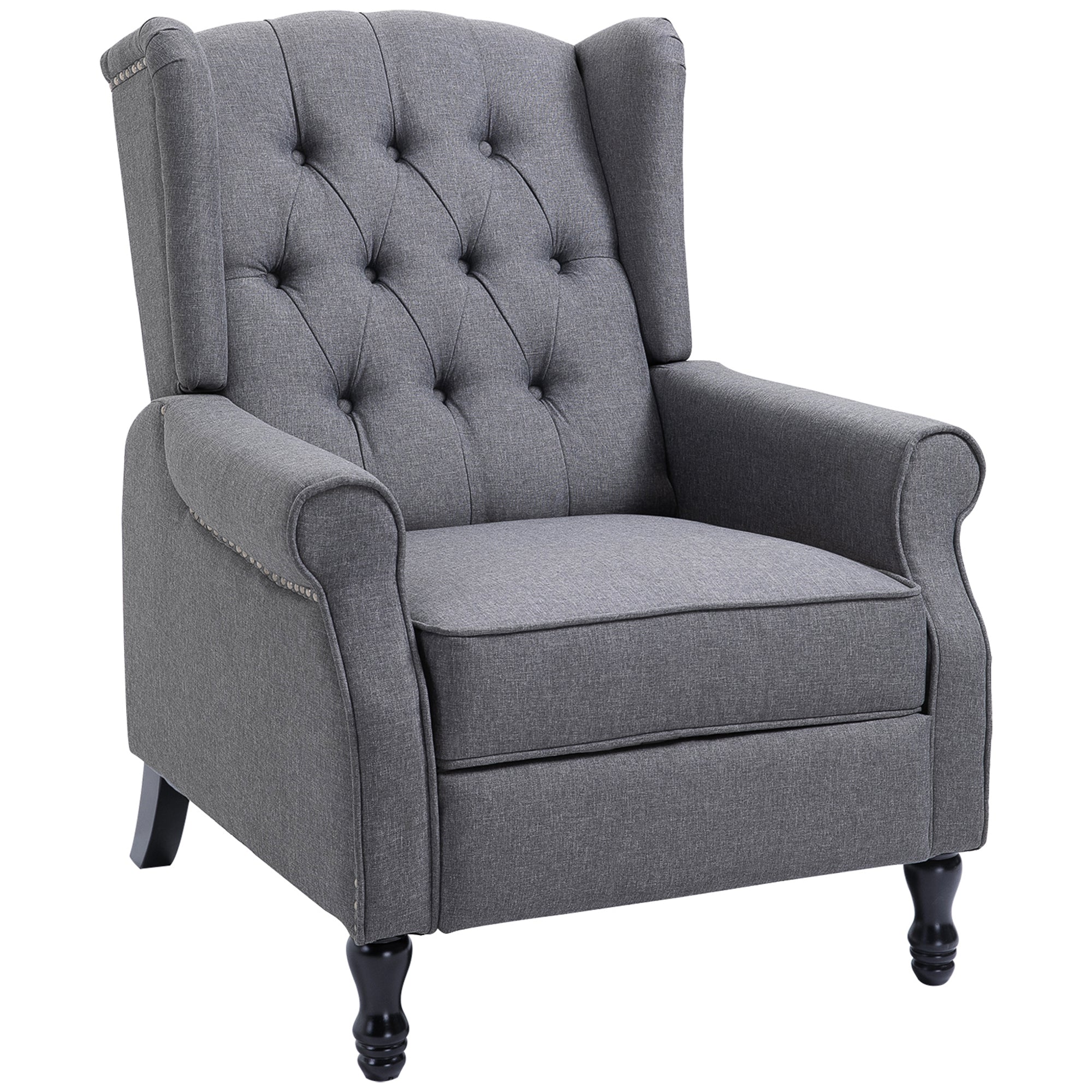 HOMCOM Recliner Armchair, Vintage Reclining Chair with Nail Head Trim, Wingback Chair with Button Tufted Back and Footrest, for Living Room, Light Grey - North Peak Garden Furniture