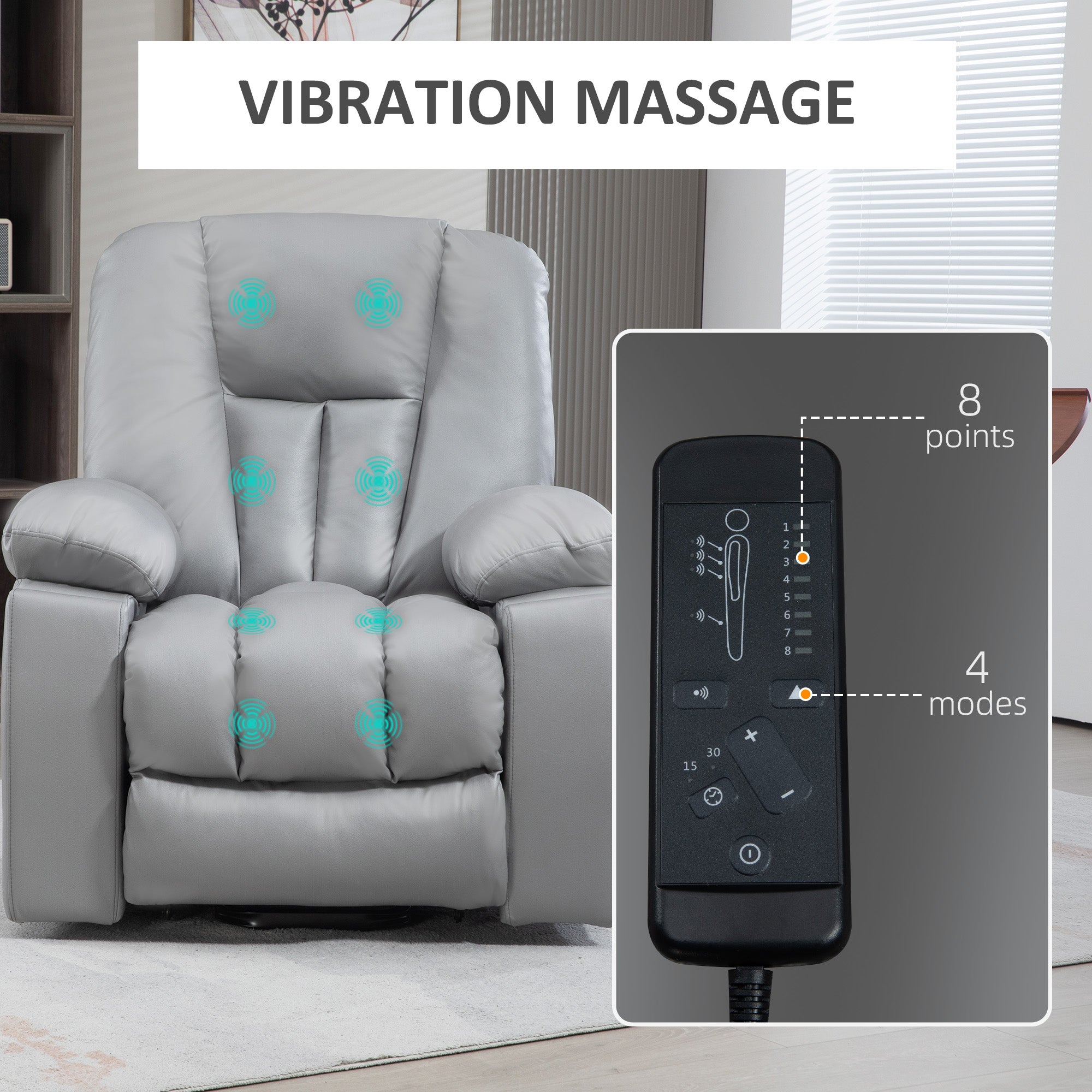 HOMCOM Leathaire Eight Massage Point Armchair, with Reclining Back - Charcoal Grey - North Peak Garden Furniture