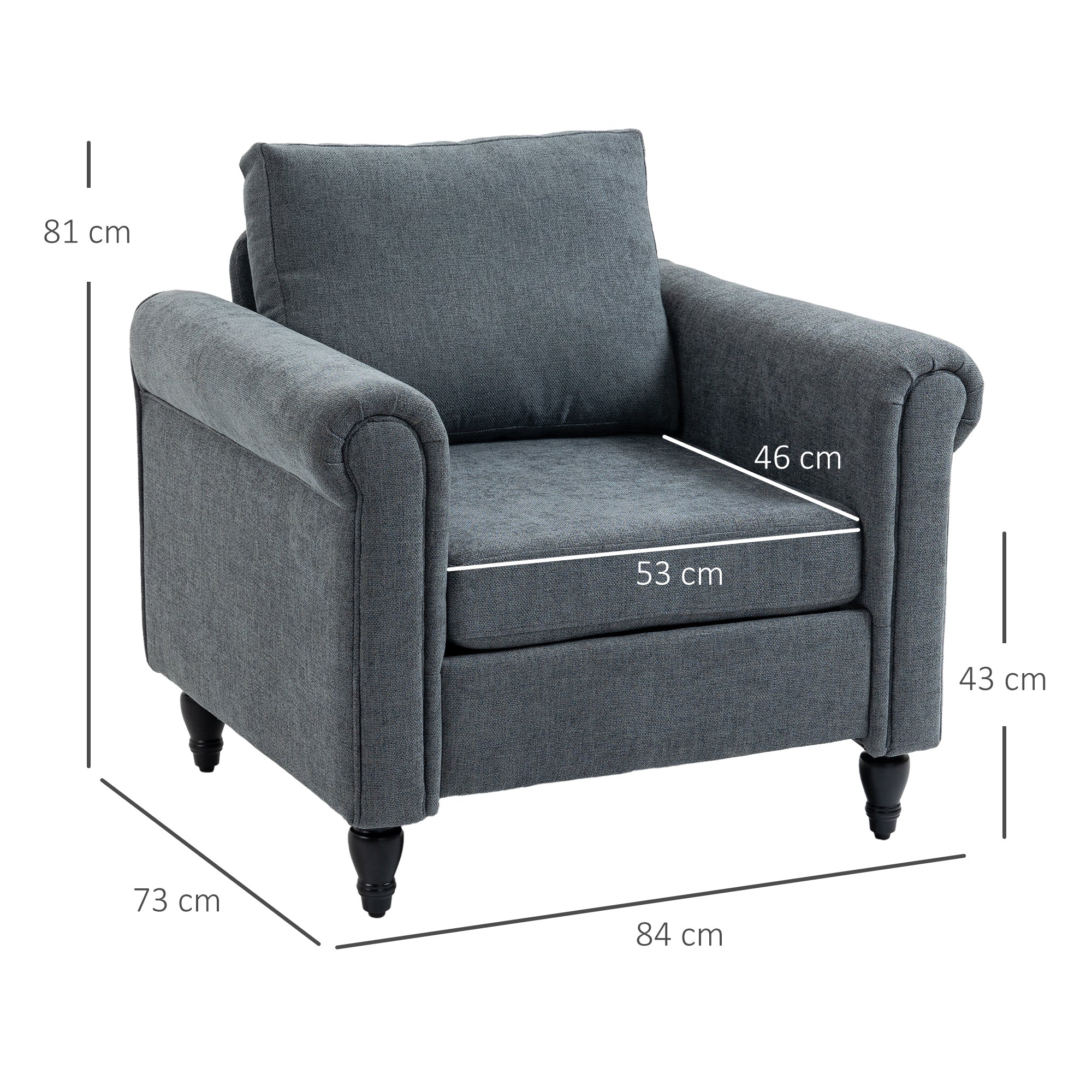 HOMCOM Vintage Accent Chair, Upholstered Occasional Chair with Back Pillow, Rolled Arms, Rubber Wood Legs, Grey - North Peak Garden Furniture