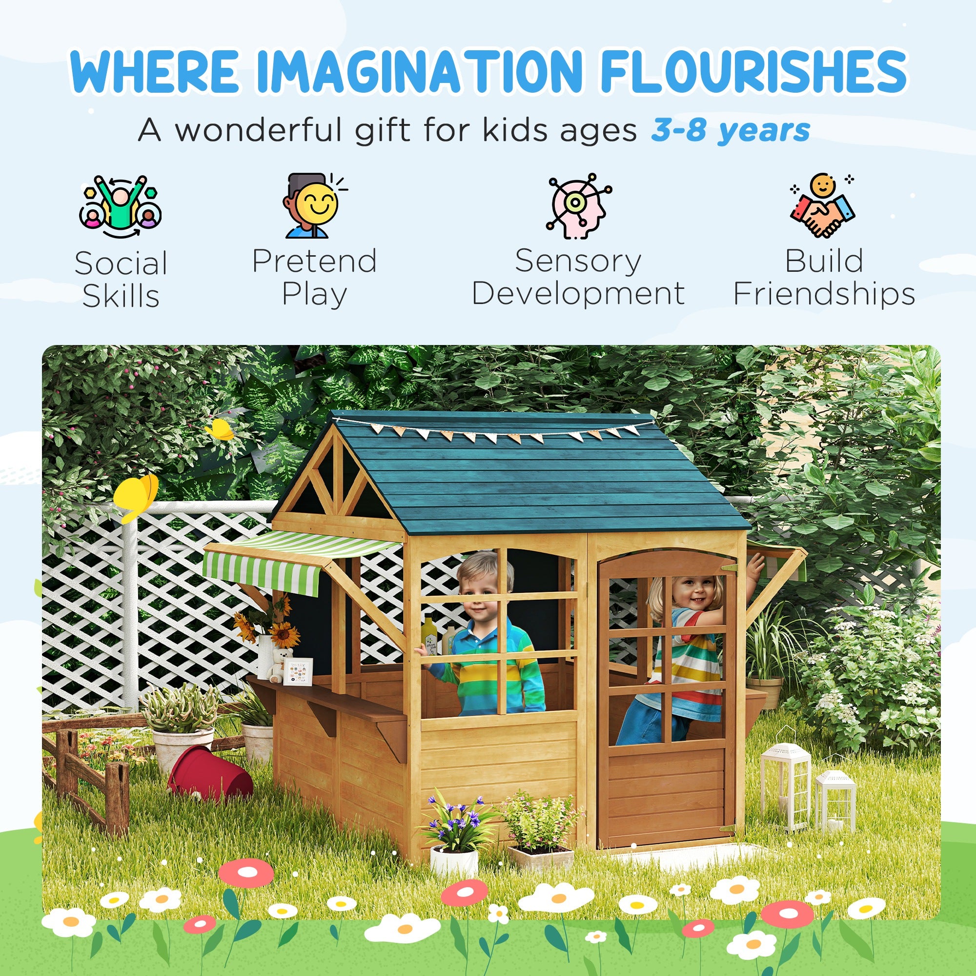 AIYAPLAY Wooden Playhouse for Kids, Foldable Wendy House with Windows, Working Door, Service Stations, Rain Covers, Brown - North Peak Garden Furniture