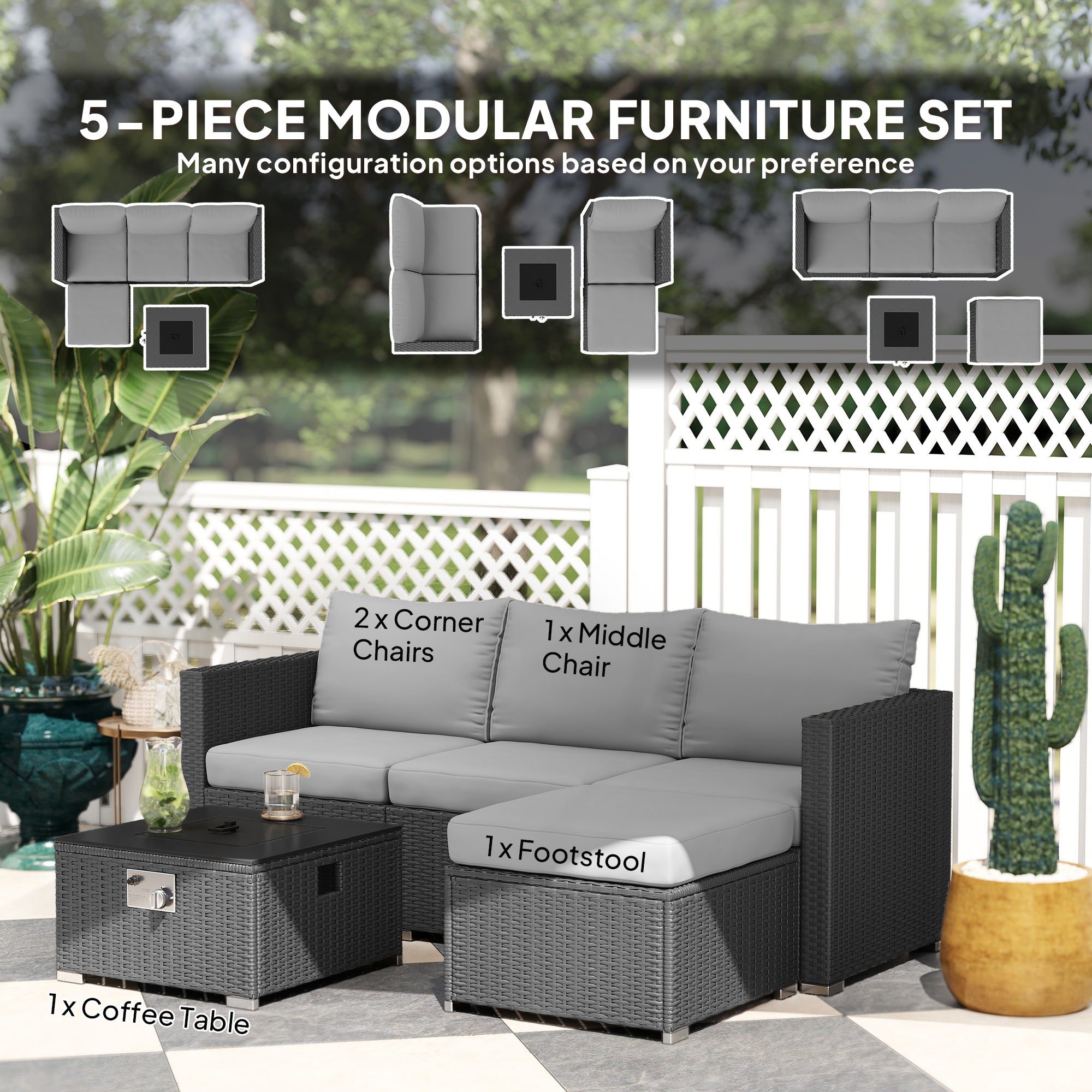 Outsunny Five Piece Rattan Garden Furniture Set with Gas Fire Pit Table and Footstool - Grey - North Peak Garden Furniture