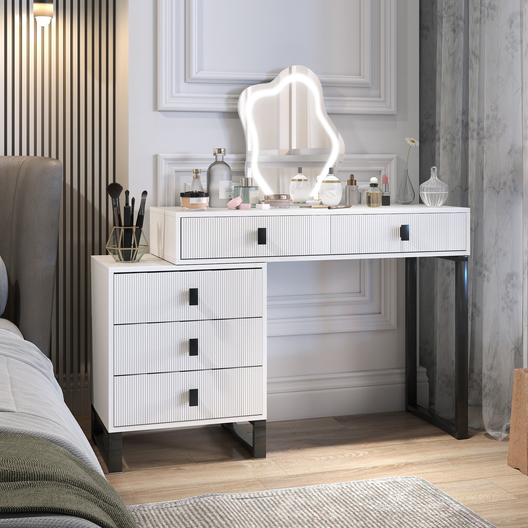 HOMCOM LED Lighted Dressing Table with Leaf Shape Mirror, Modern Vanity Desk with 5 Drawers, Makeup Desk with Fluted Panels, White