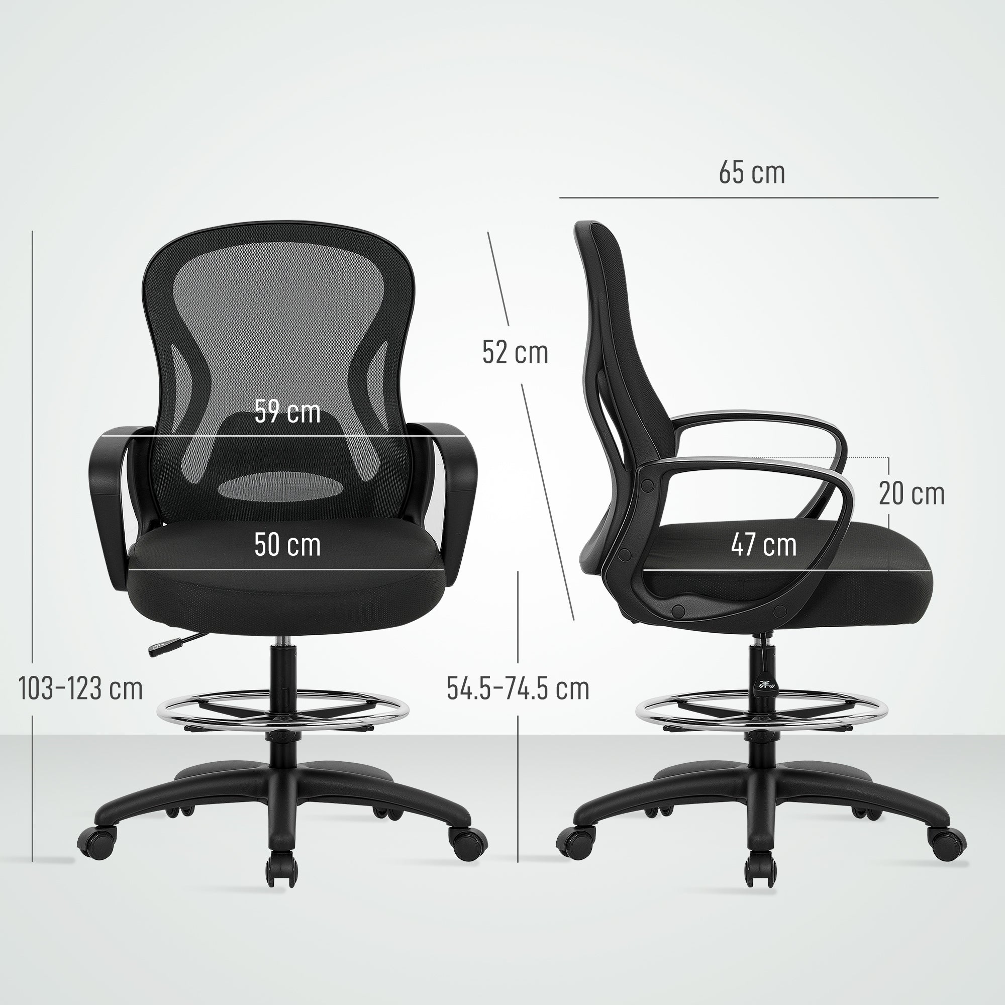 Vinsetto Drafting Chair with Adjustable Footrest, Ergonomic Mesh Office Chair with Lumbar Support, Adjustable Height for Standing Desk, Black