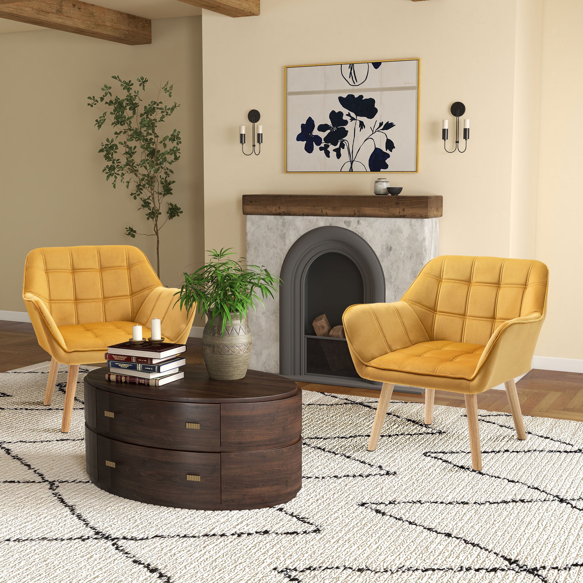 HOMCOM Armchair Accent Chair, Vanity Chair with Wide Arms, Slanted Back, Padding, Metal Frame, Wooden Legs, Home Bedroom Furniture Seating, Set of 2, Yellow - North Peak Garden Furniture