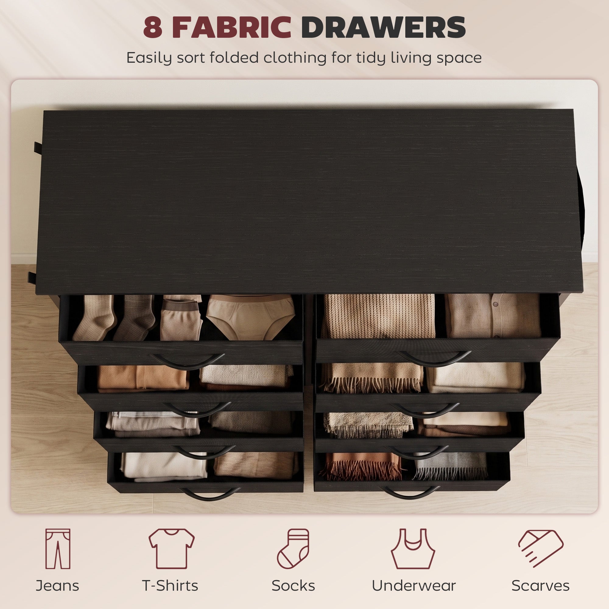 HOMCOM Chest of Drawers, Dresser with 8 Fabric Drawers, Tall Storage Unit with 4 Pockets and 2 Hooks Steel Frame, Black