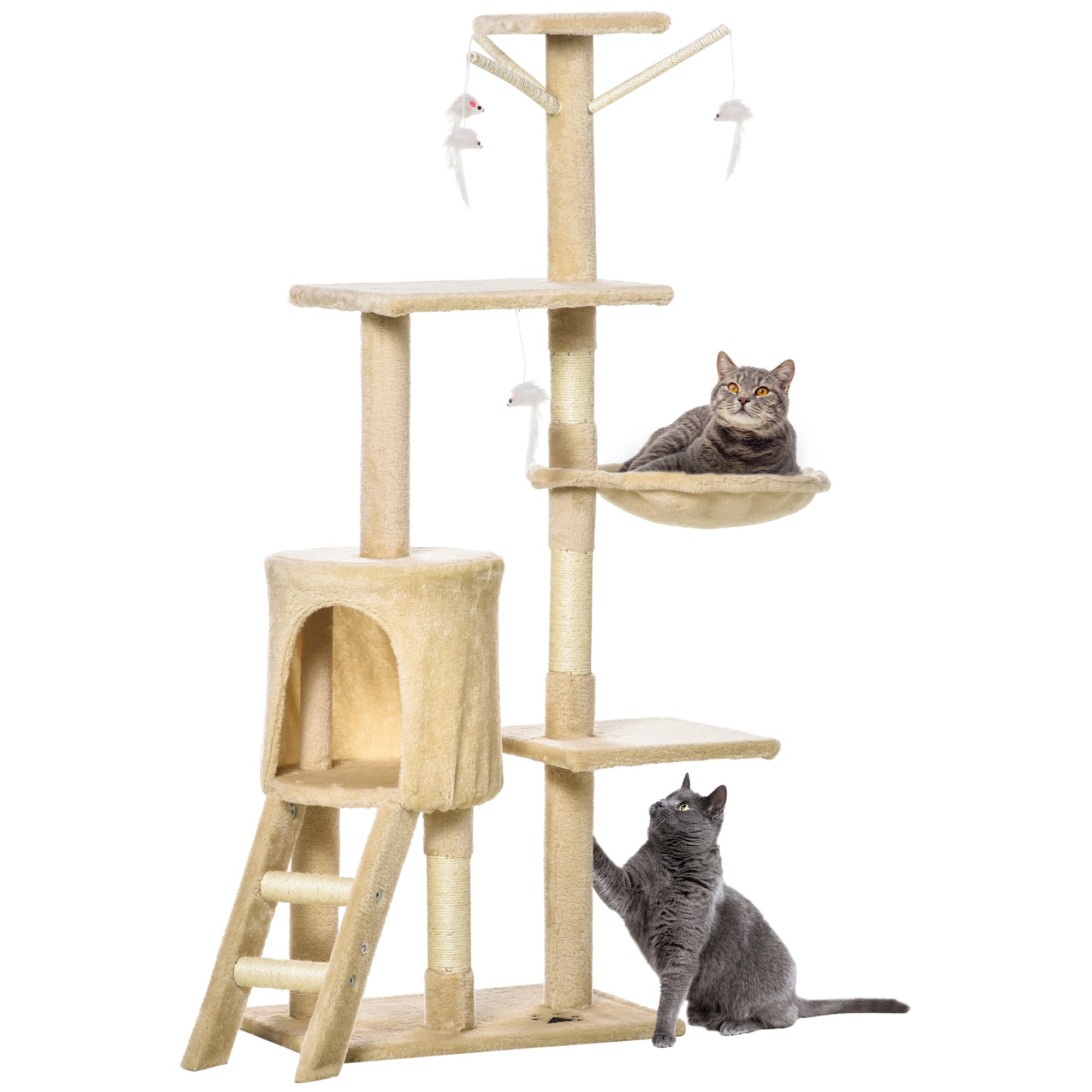 PawHut Cat Tree for Indoor Cats 135cm Cat Tower Scratching Post Kitty Scratcher Climbing Tower with Ladder, Beige - North Peak Garden Furniture