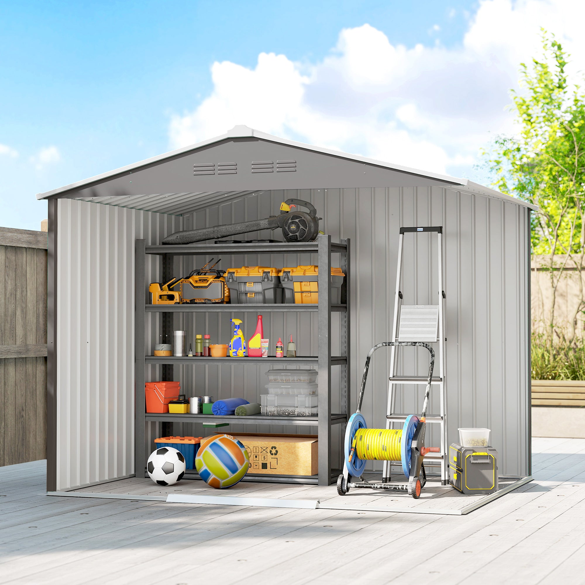 Outsunny 8 x 6ft Galvanised Steel Shed, with Double Door - Light Grey