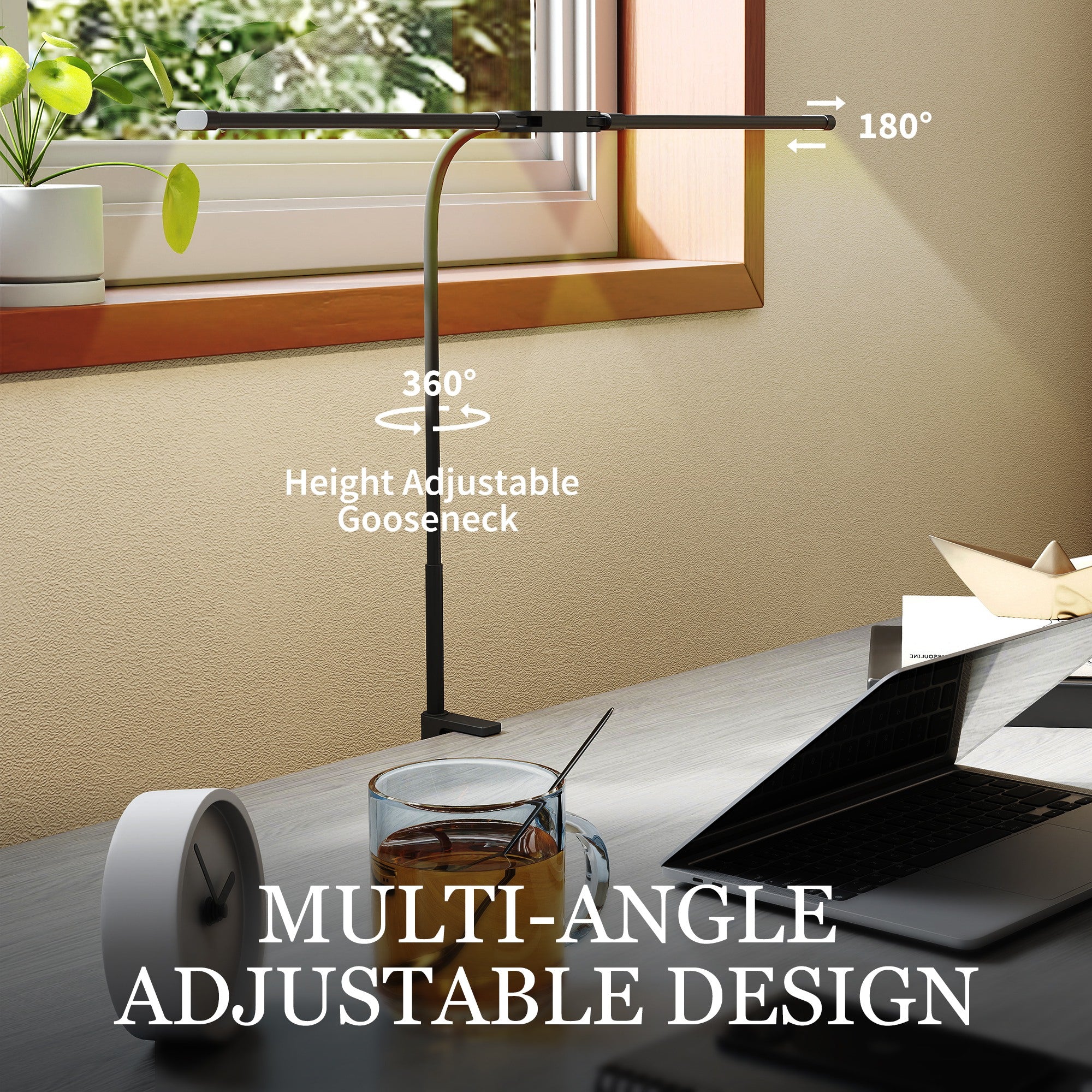HOMCOM LED Desk Lamp with Clamp, Double Head Table Lamp with 3 Colour Modes & 10 Brightness Levels, Flexible Gooseneck Reading Desk Light with Timer and Memory Function for Study, Office, Work, Black - North Peak Garden Furniture