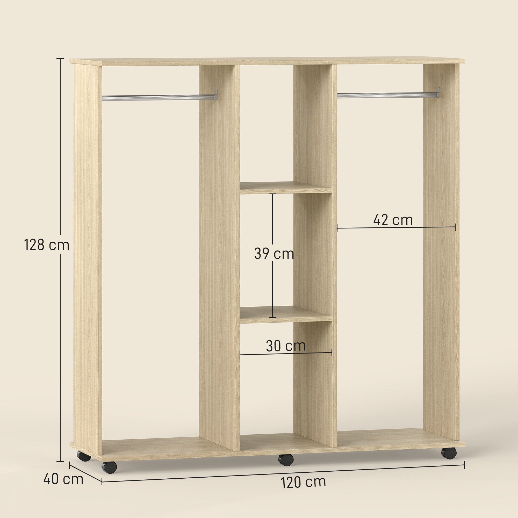 HOMCOM Open Wardrobe Double Mobile Storage Shelves Organizer W/6 Wheels-Natural