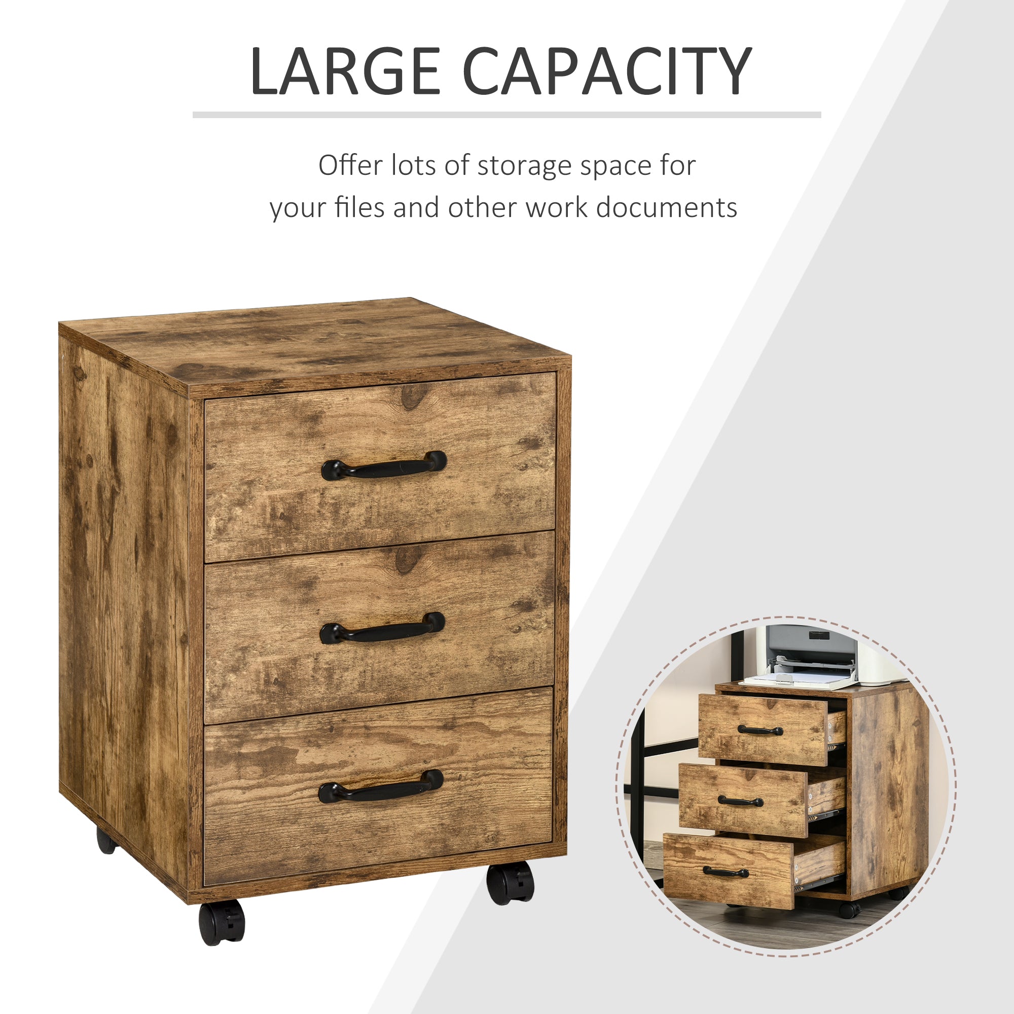 HOMCOM 3 Drawer File Cabinet, Mobile Filing Cabinet on Wheels for Home Office, Study, Rustic Brown - North Peak Garden Furniture