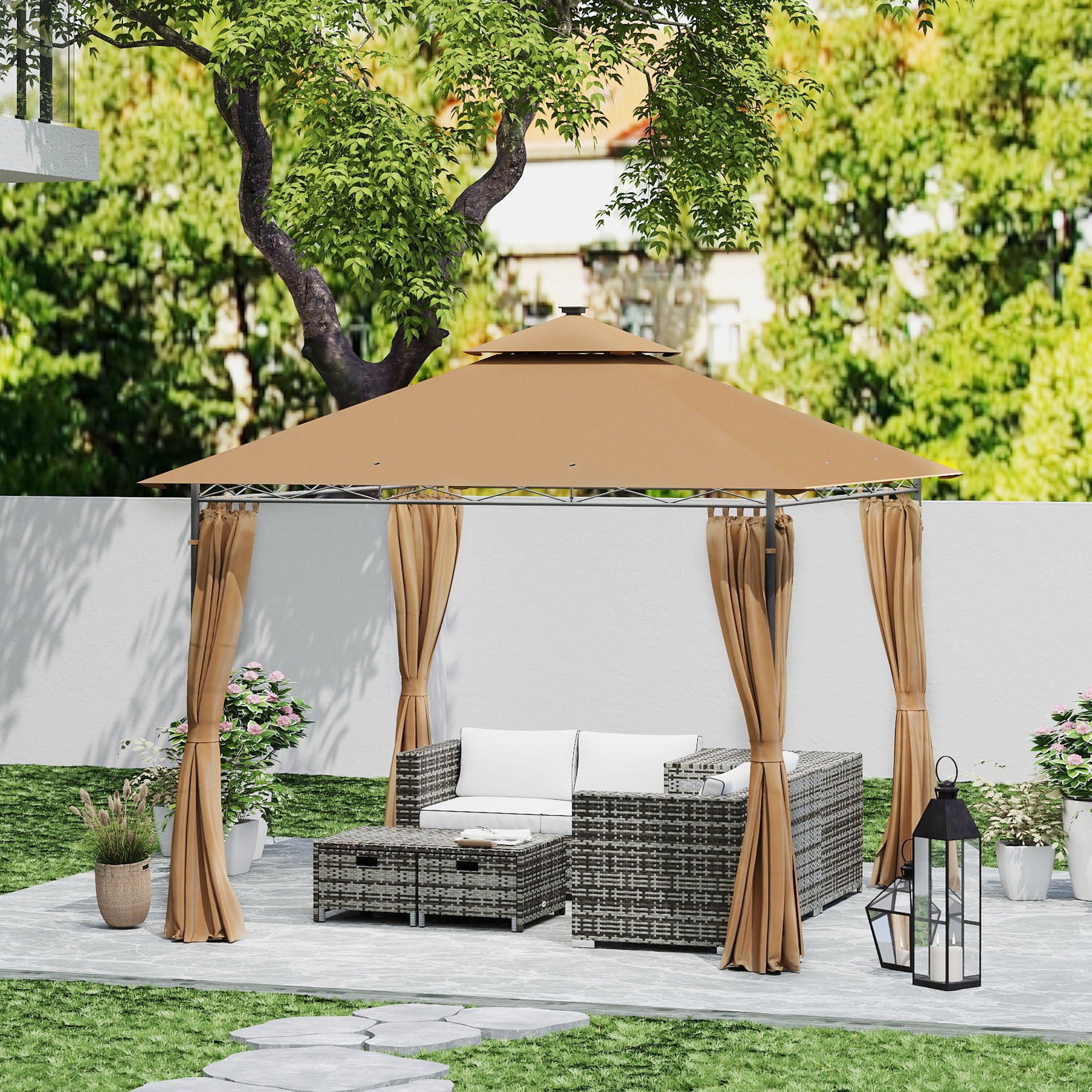 Outsunny 3 x 3 m Solar LED Metal Gazebo - Brown - North Peak Garden Furniture