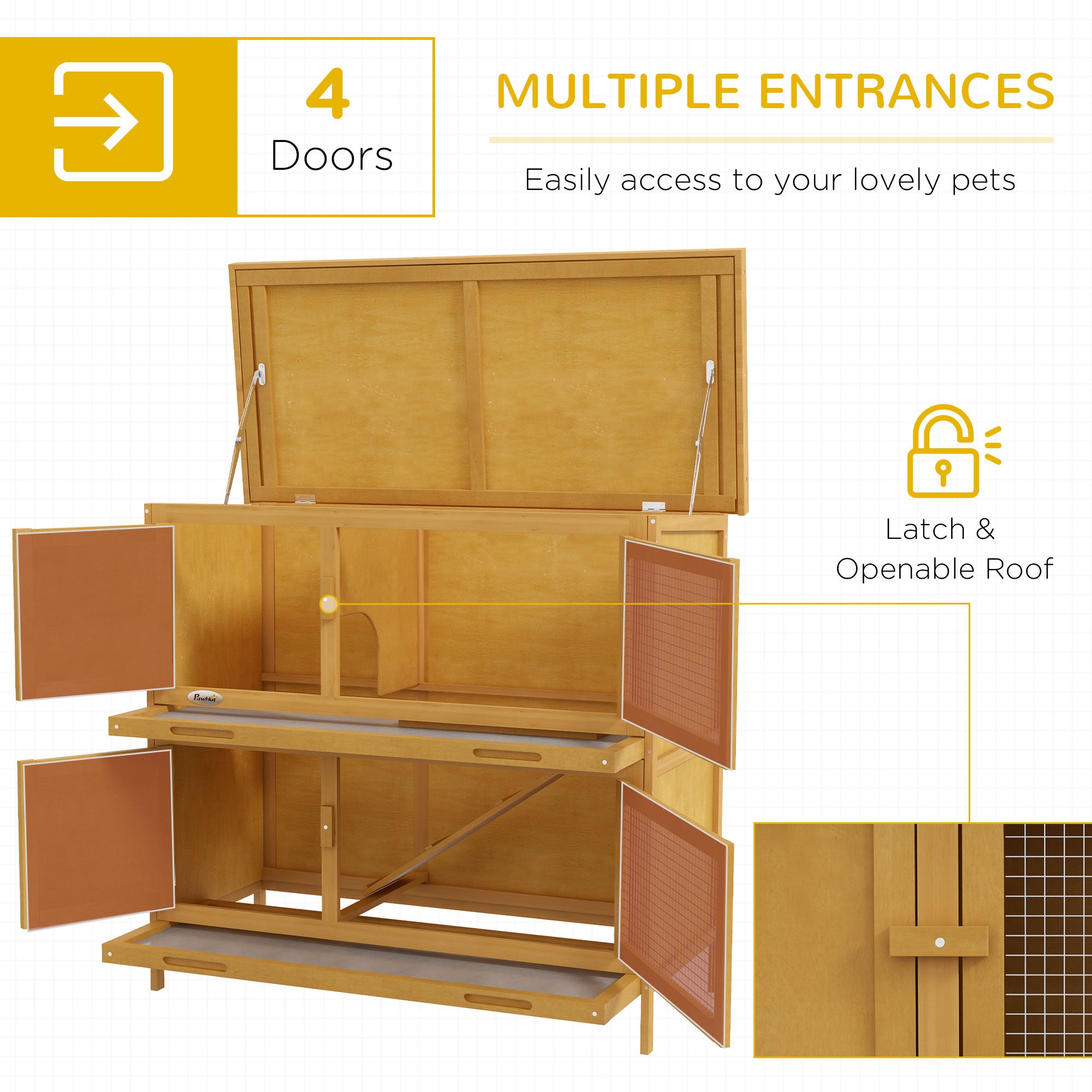 PawHut Double Decker Rabbit Hutch 2 Tier Guinea Pig House Pet Cage Outdoor with Sliding-out Tray, 100 x 47 x 91cm, Yellow - North Peak Garden Furniture